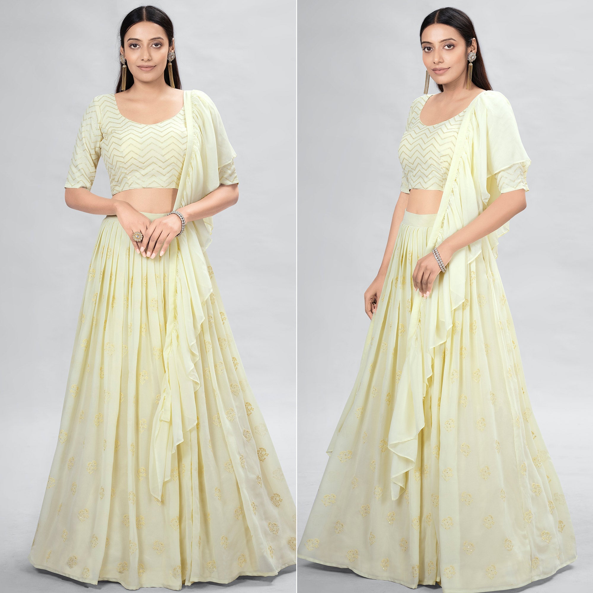Peachmode Cream Embroidered Georgette Lehenga Choli