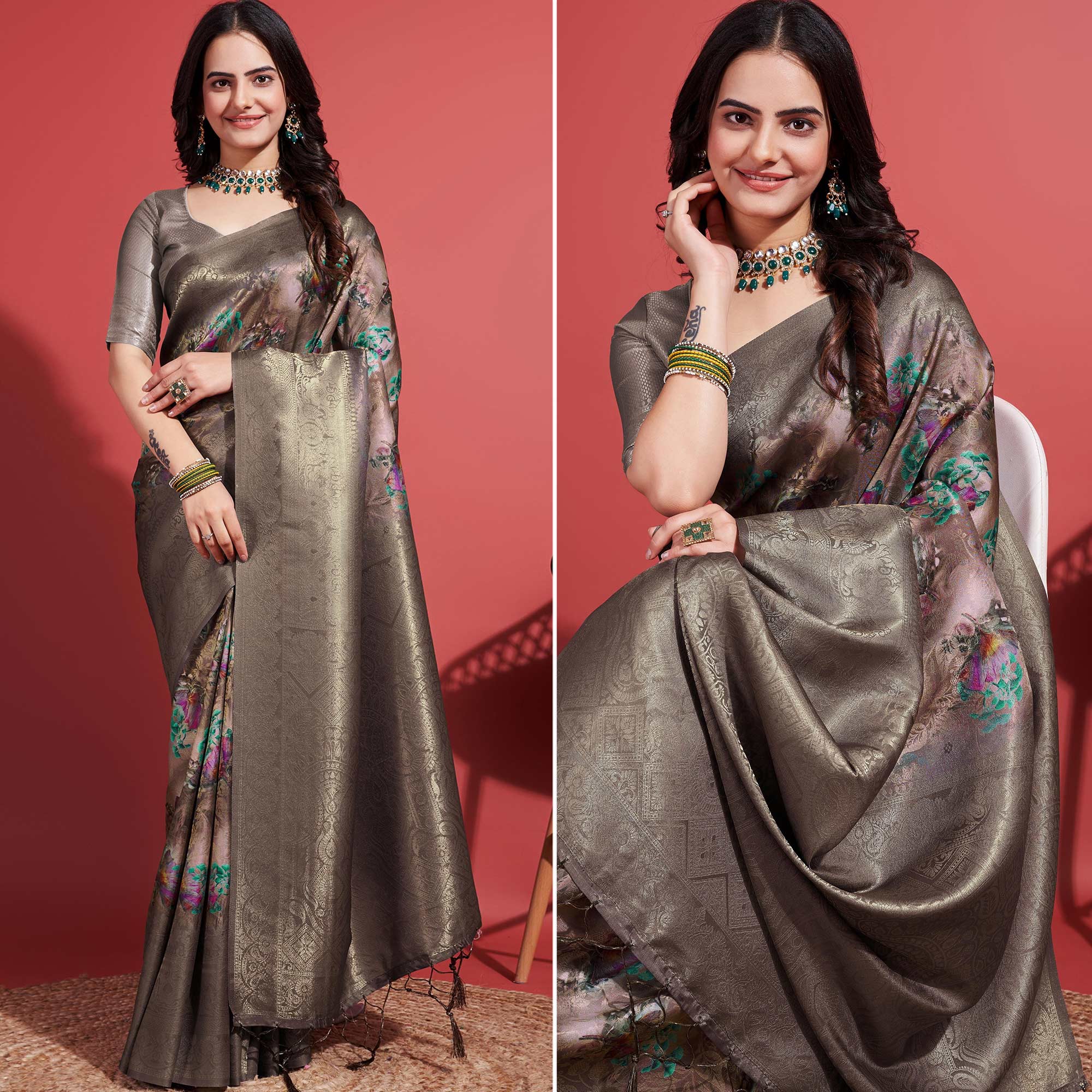 Peachmode Dusty Brown Floral Digital Printed With Woven Border Banarasi Silk Saree