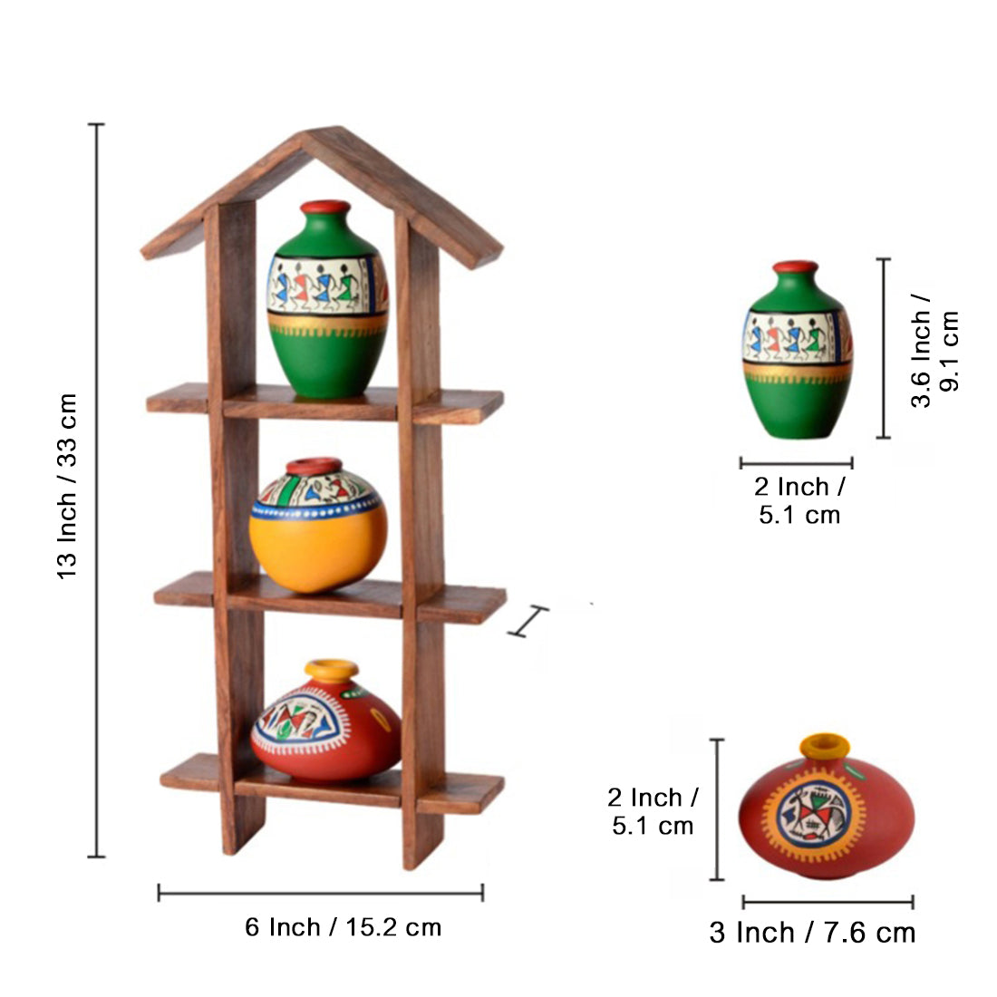 EXCLUSIVELANE 3 Terracotta Warli Handpainted Pots with Sheesham Wooden Hut Frame Wall Hanging - view 3
