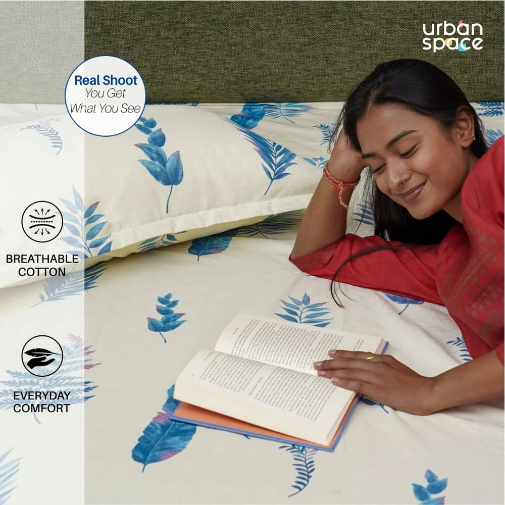 Urban Space -Home Furnishing Store Fitted King Size Cotton Bedsheet - Fall Leaves - Milk White - view 5