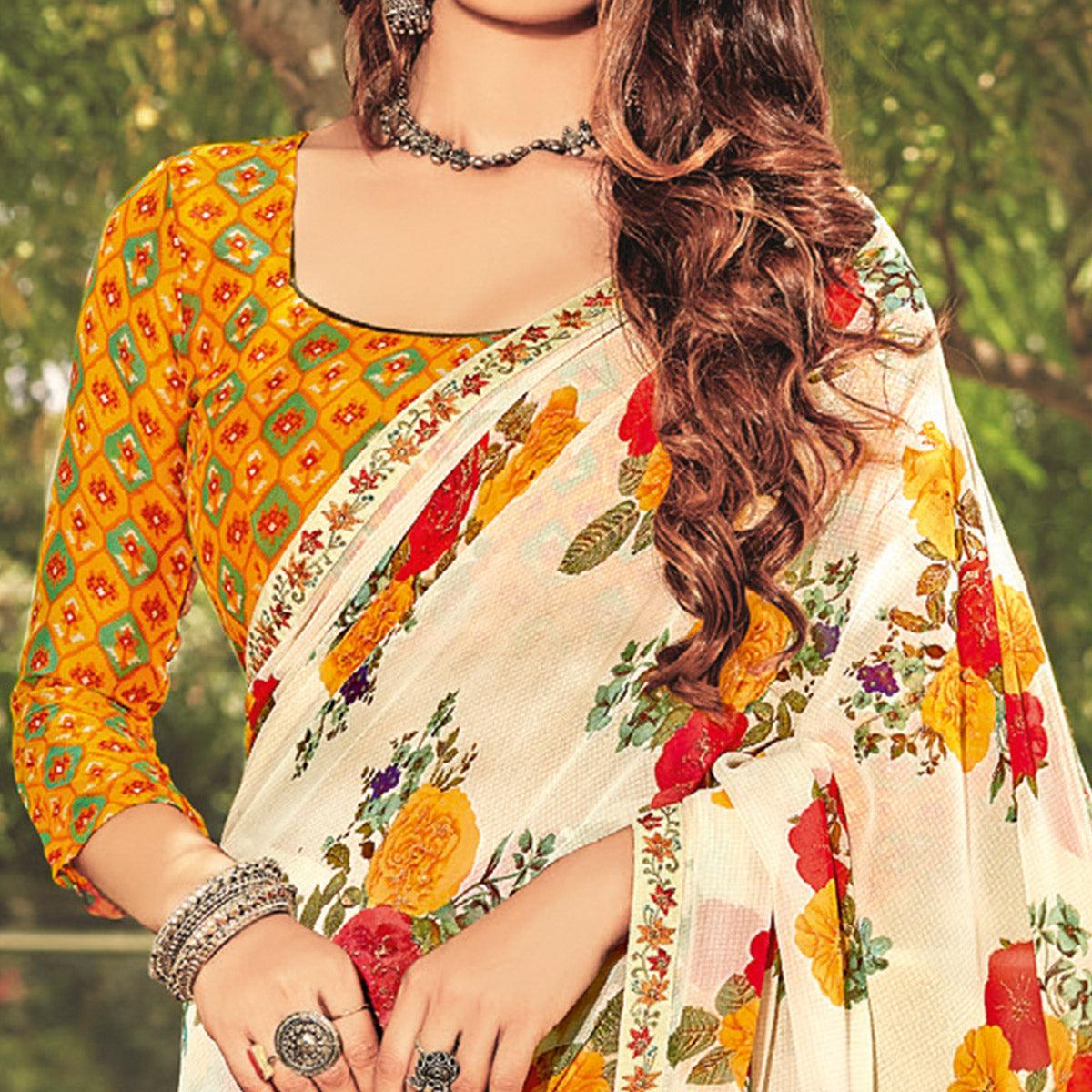Peachmode Cream Casual Wear Floral Printed Georgette Saree - view 2