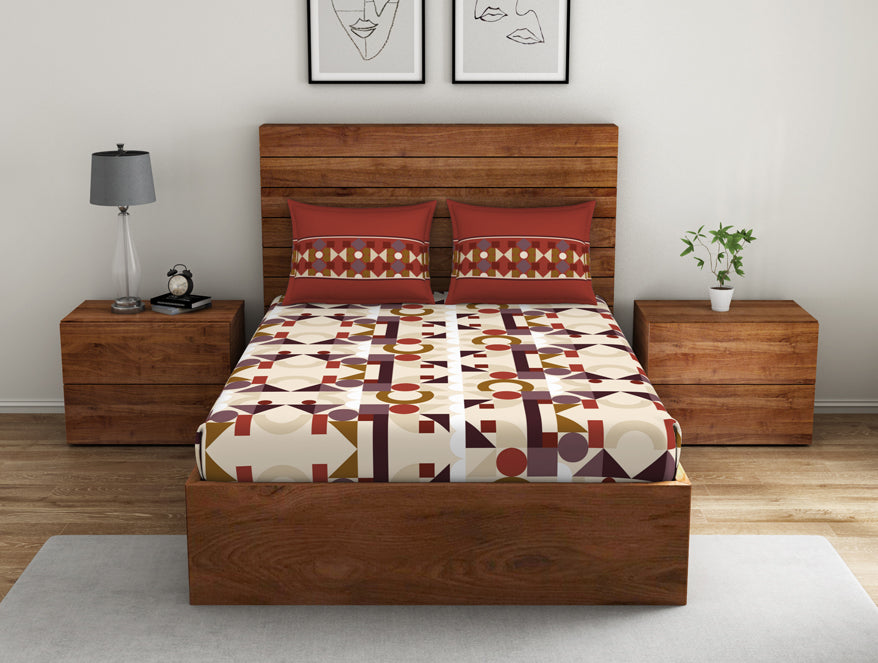 Spaces India Geometric Ketchup - Dark Red 100% Cotton Double Bedsheet - Color Block By Spaces