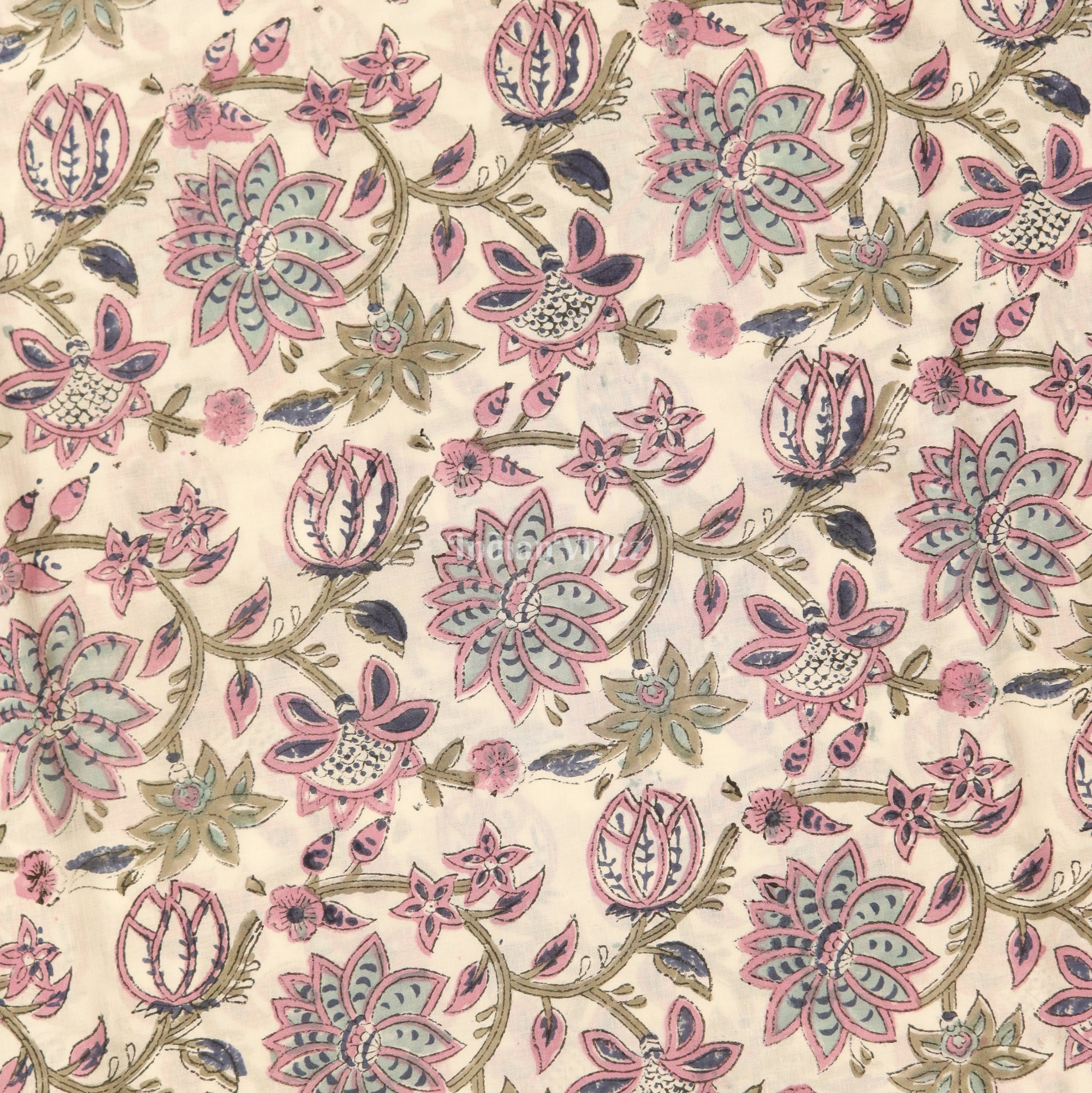 IndianVillèz White Pink Flower Motif Hand Block Printed Cotton Fabric - view 2