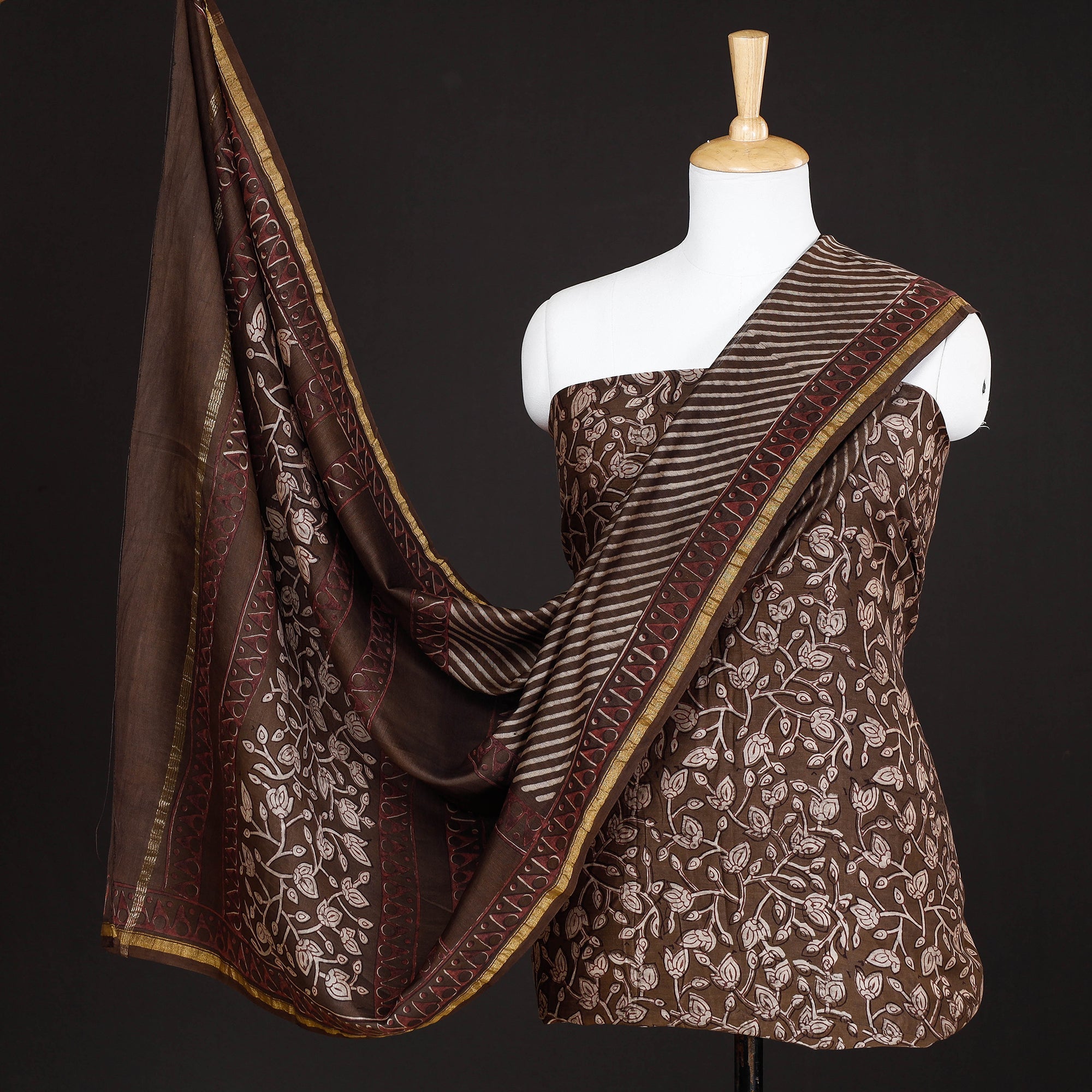 HAVELI CHRONICLES Brown - 3pc Akola Block Printed Chanderi Silk Suit Material Set
