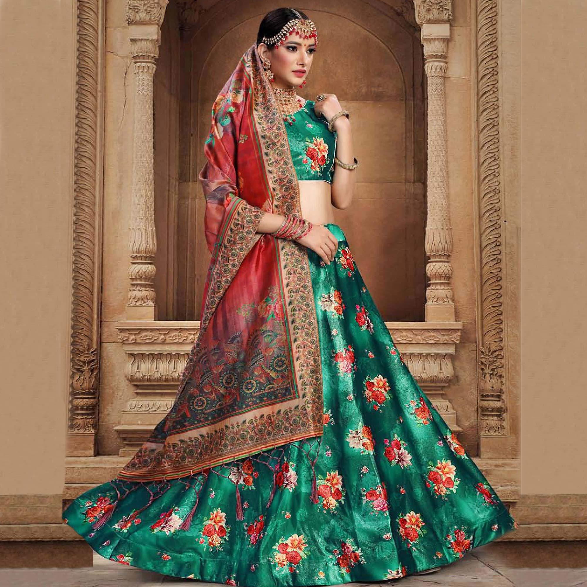 Peachmode Engrossing Green Colored Wedding Wear Printed Art Silk Lehenga Choli