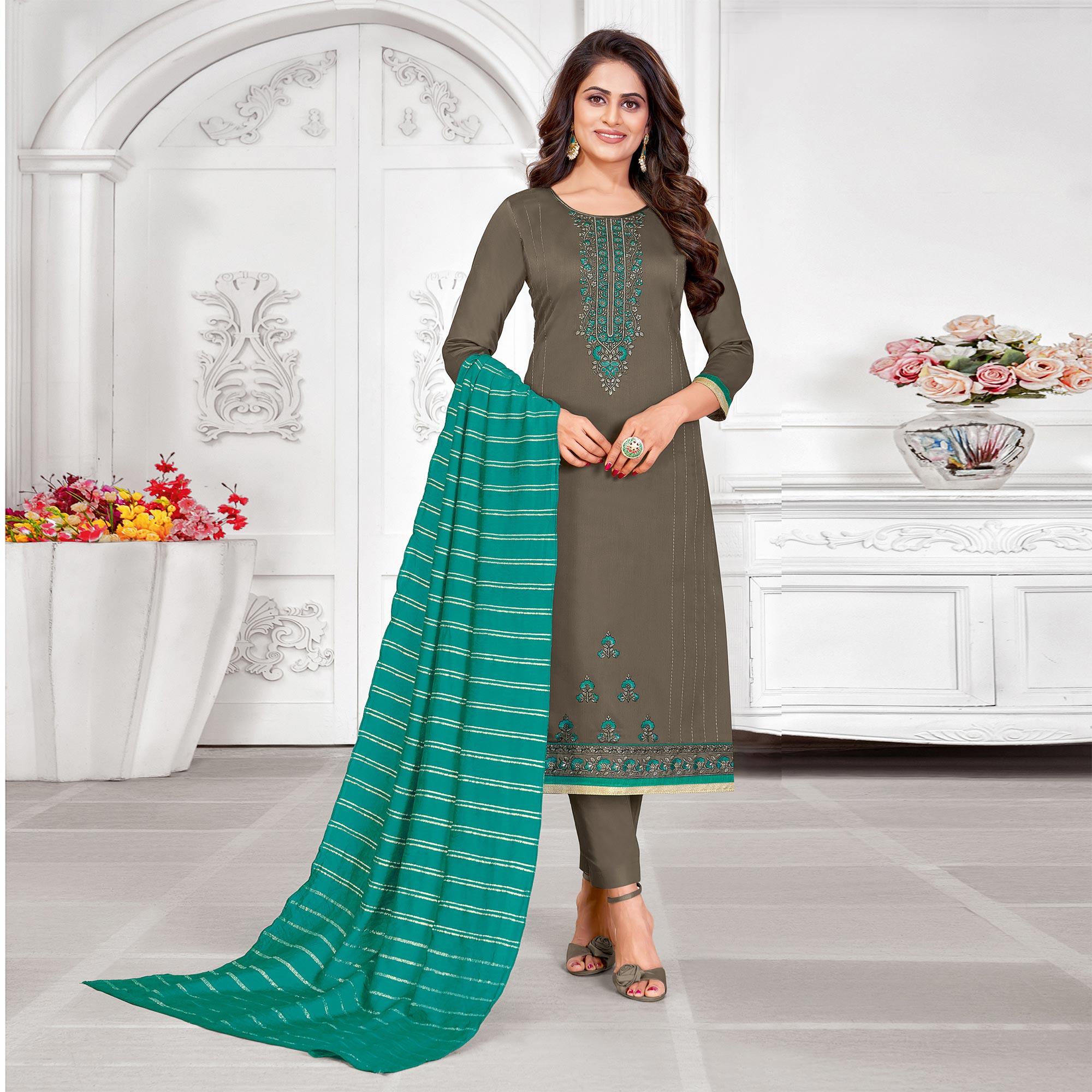 Peachmode Imposing Steel-Grey Colored Partywear Designer Embroidery Cotton Salwar Suit
