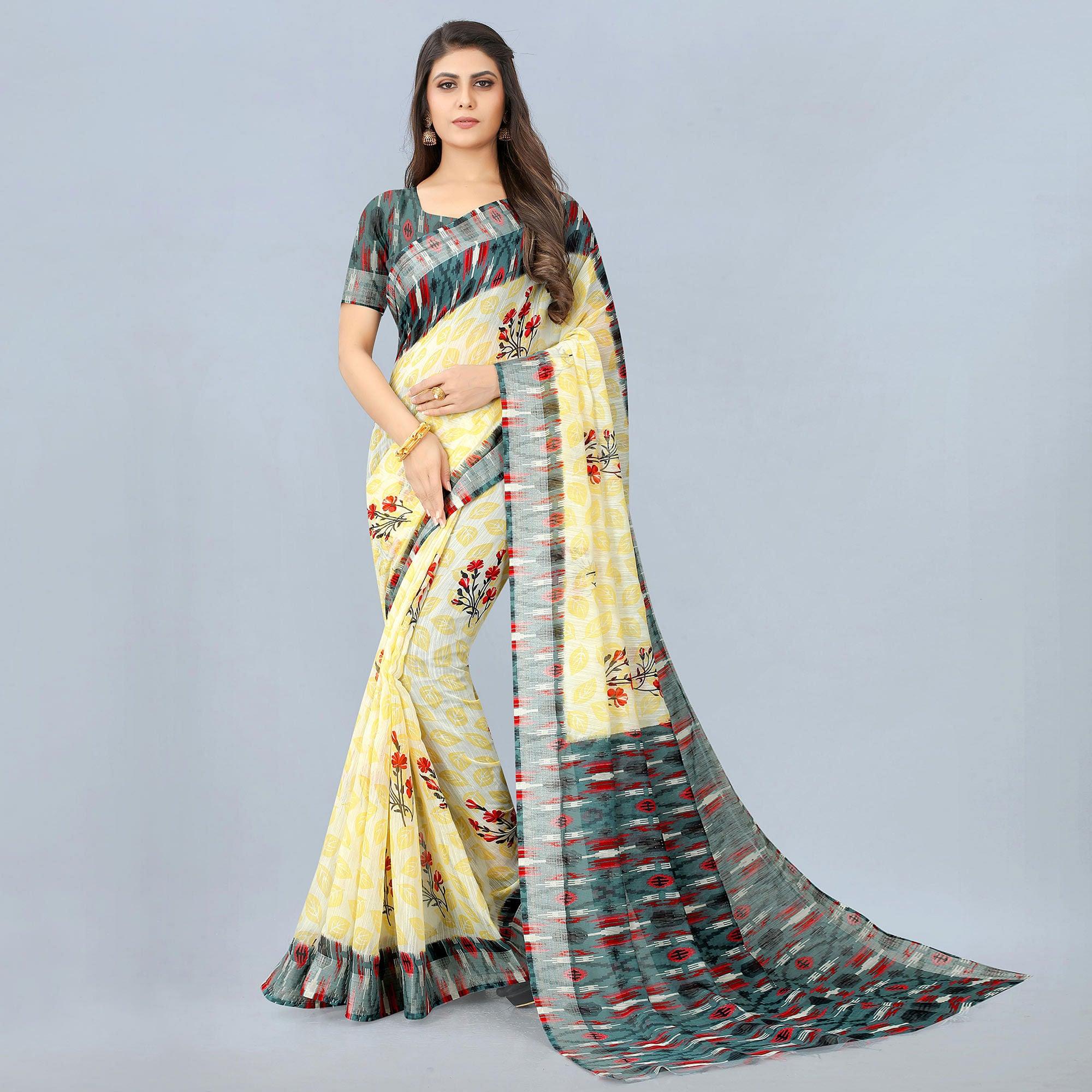 Peachmode Cream Casual Wear Printed Chanderi Silk Saree
