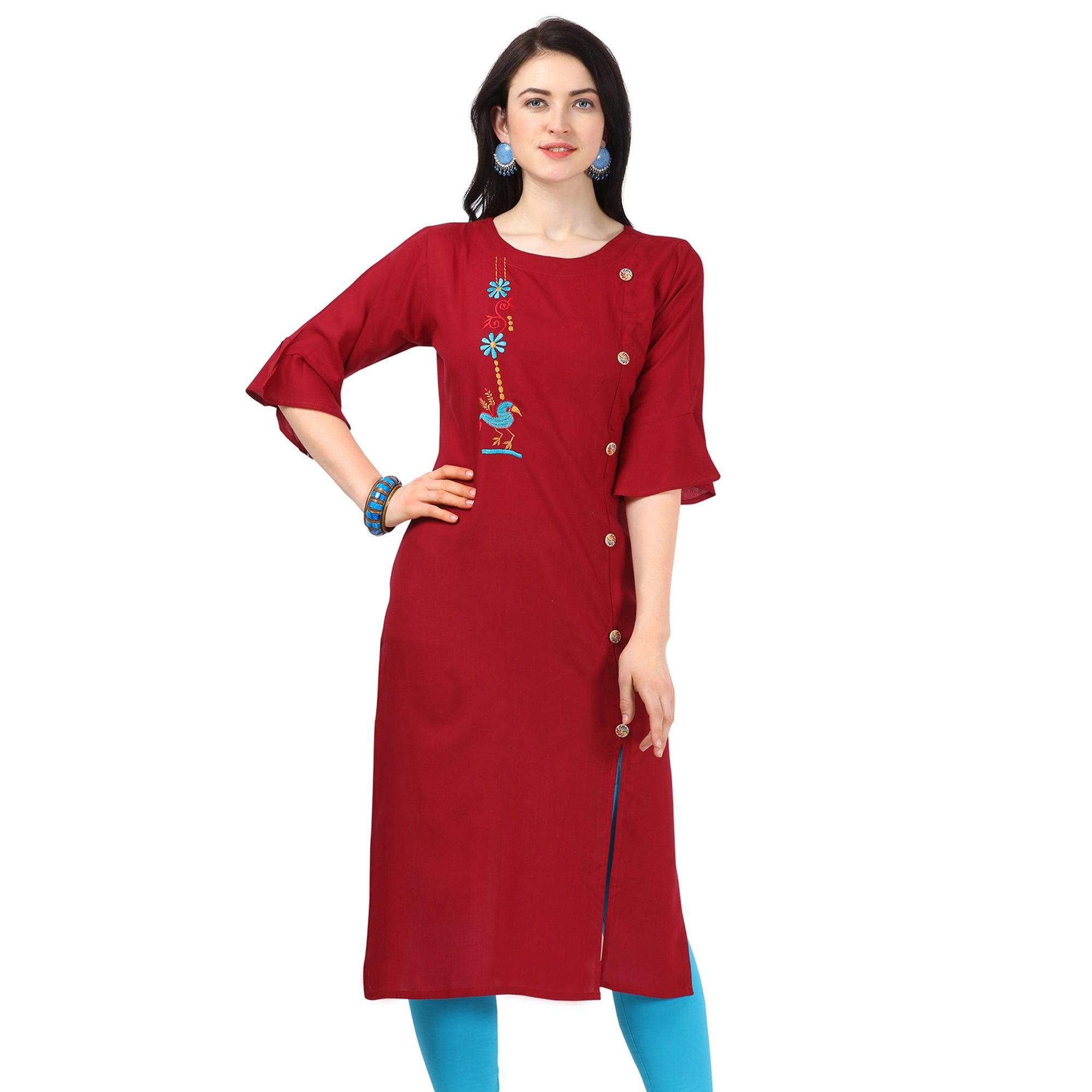 Peachmode Seller Eye-catching Maroon Colored Partywear Embroidered Rayon Kurti