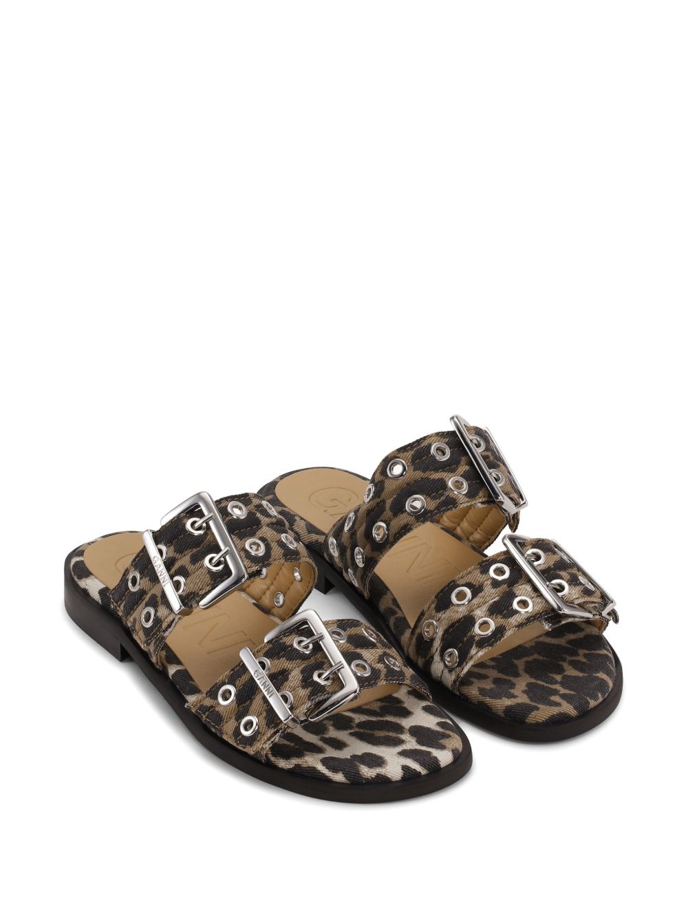 Ganni Leopard Denim Feminine Buckle Two-Strap Sandals - view 4
