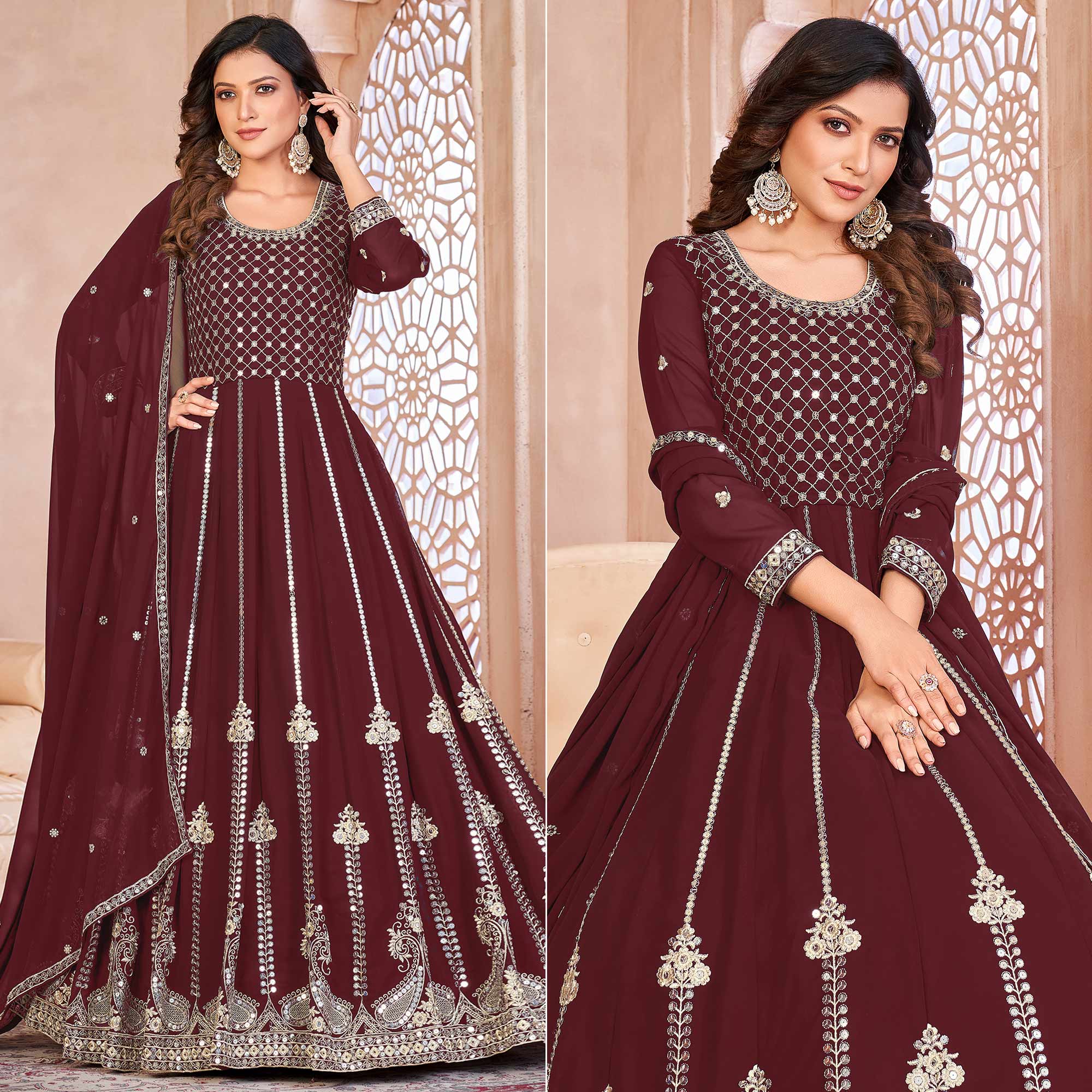 Peachmode Maroon Floral Sequins Embroidered Georgette Semi Stitched Anarkali Suit