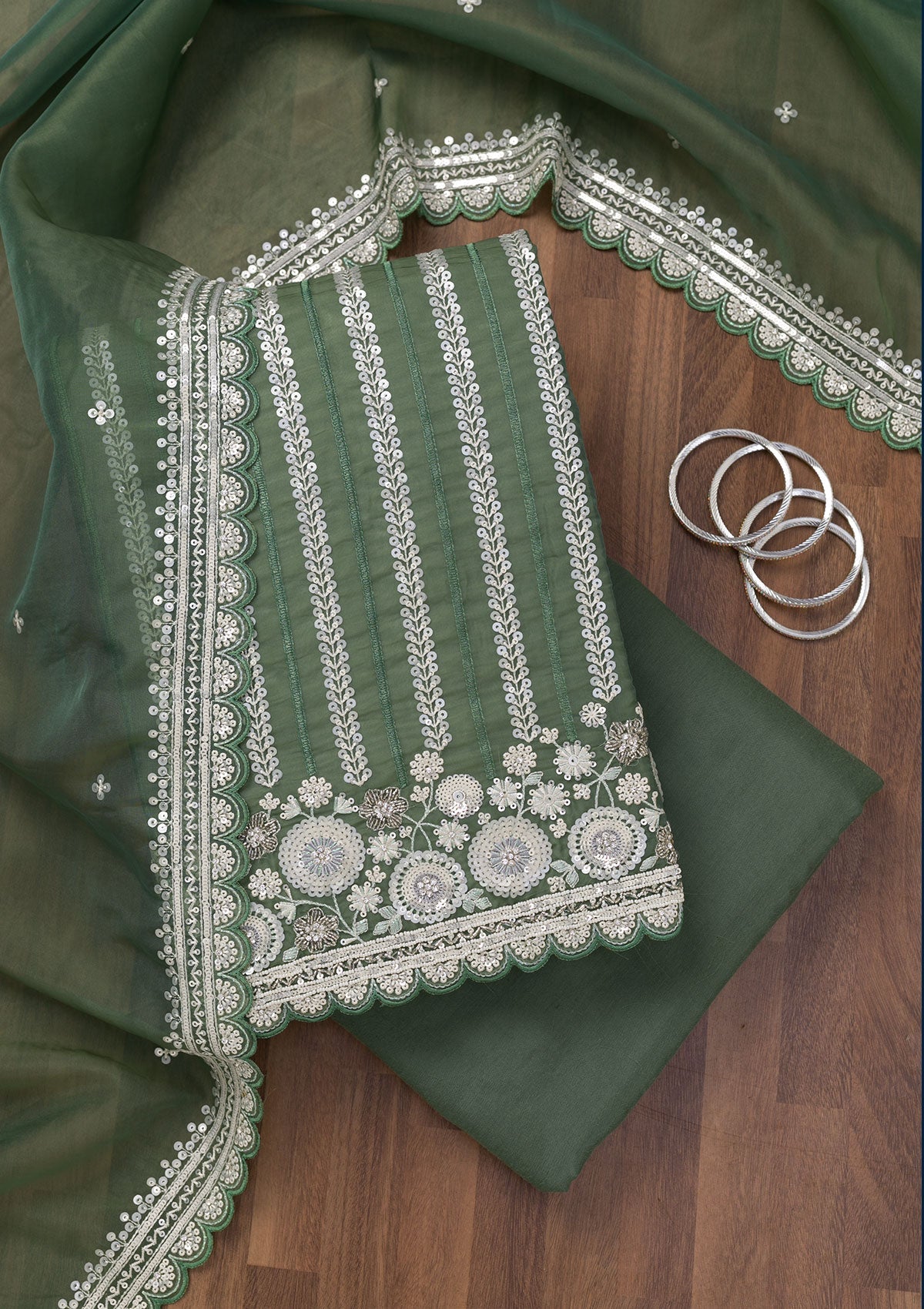 Koskii Green Threadwork Tissue Unstitched Salwar Suit