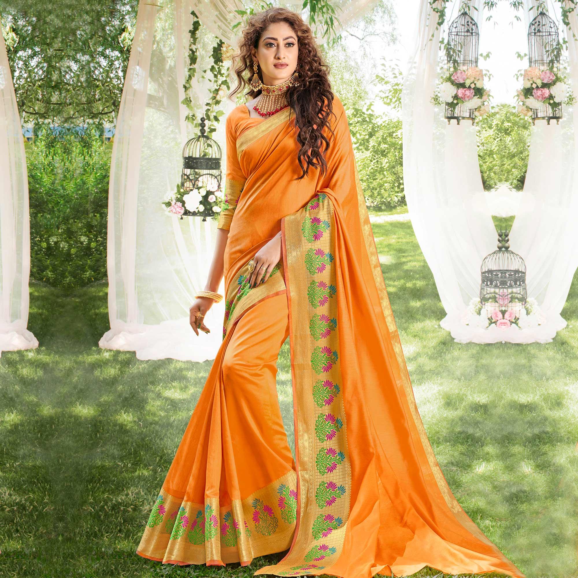 Peachmode Captivating Orange Colored Festive Wear Woven Cotton Silk Saree