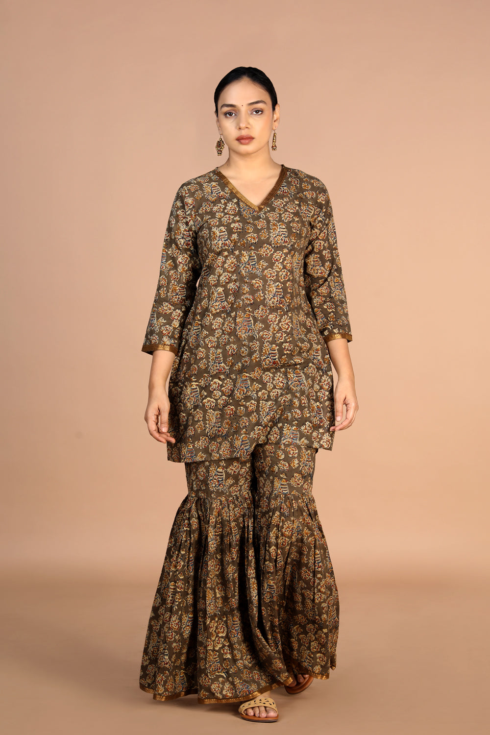 Kalanjali Ethnics Cotton Kalamkari handblock printed Sharara suit set