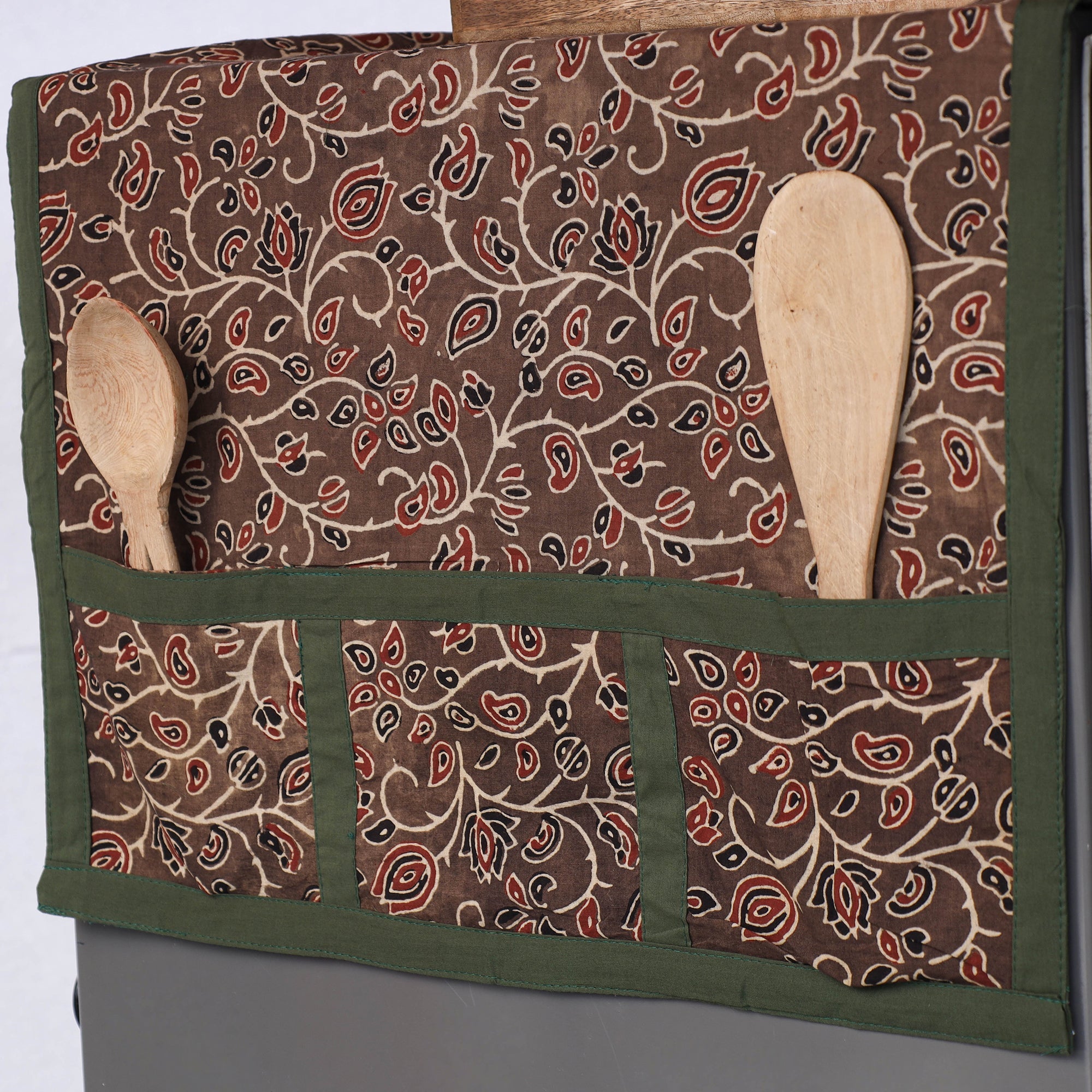 JALPARI Brown - Ajrakh Block Printed Cotton Fridge Top Cover with Multiple Pockets - view 2