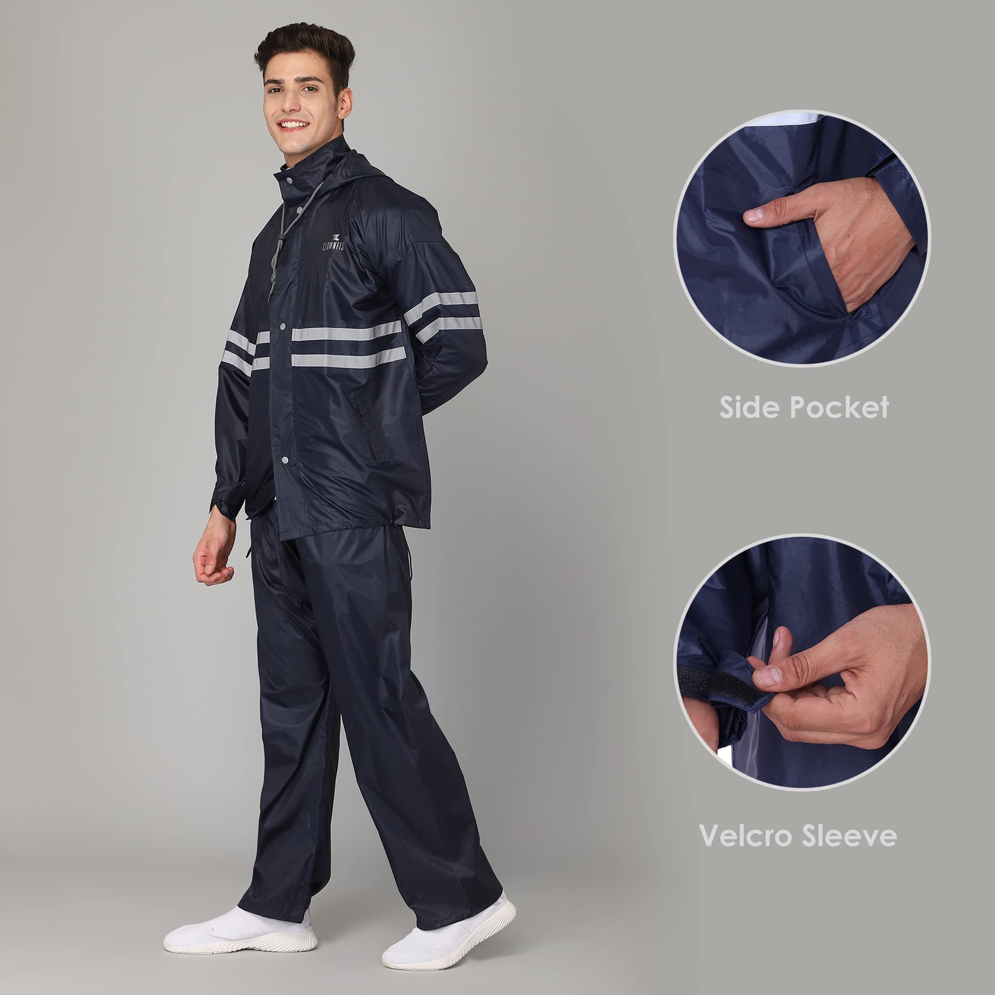 THE CLOWNFISH Darius Series Men's Waterproof Polyester Raincoat with Hood and Reflector Logo at Back for Night Travelling. Set of Top and Bottom. Prin - view 5