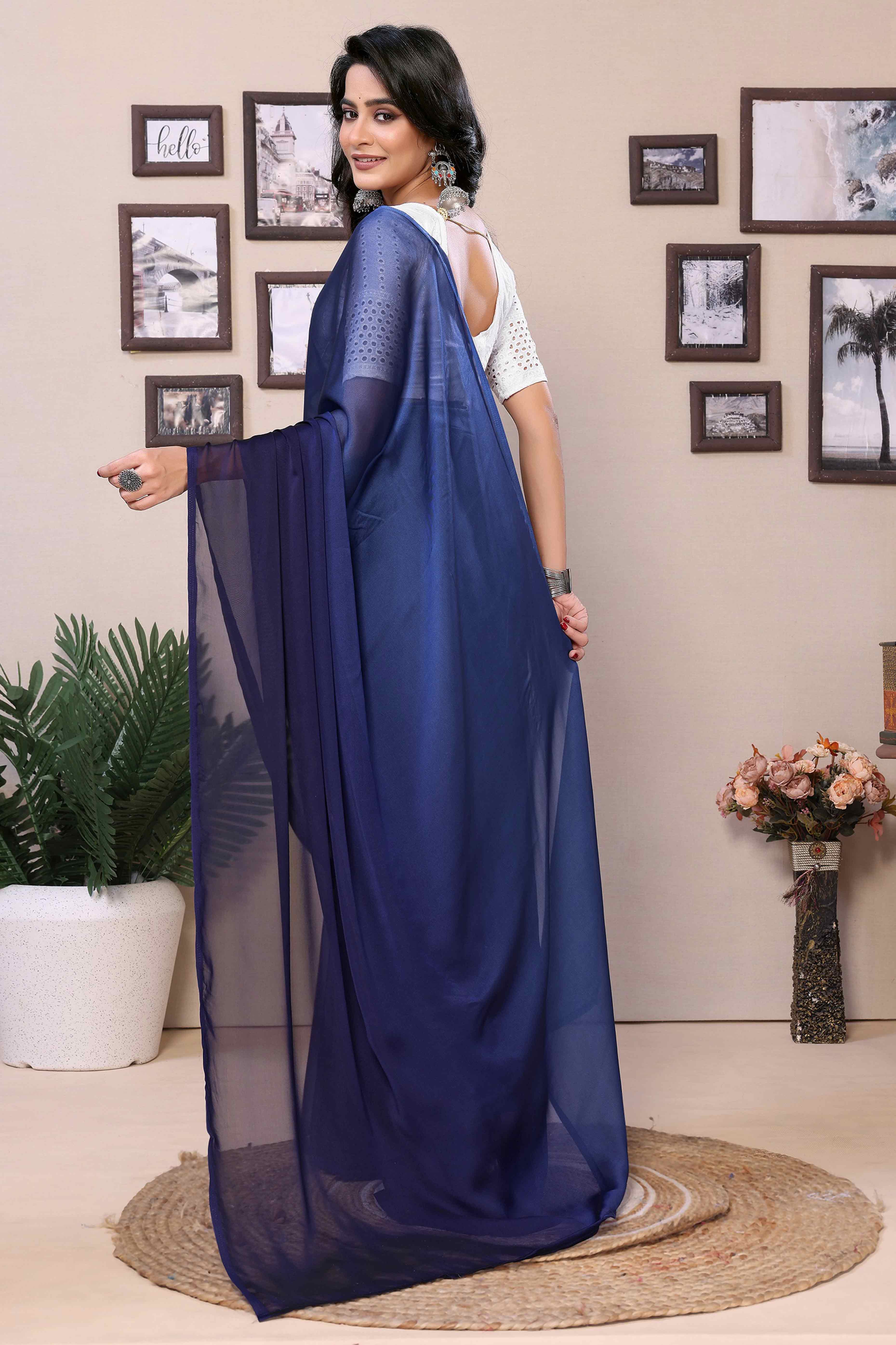 Peachmode Seller Blue Solid Satin Ready To Wear Ombre Saree - view 3