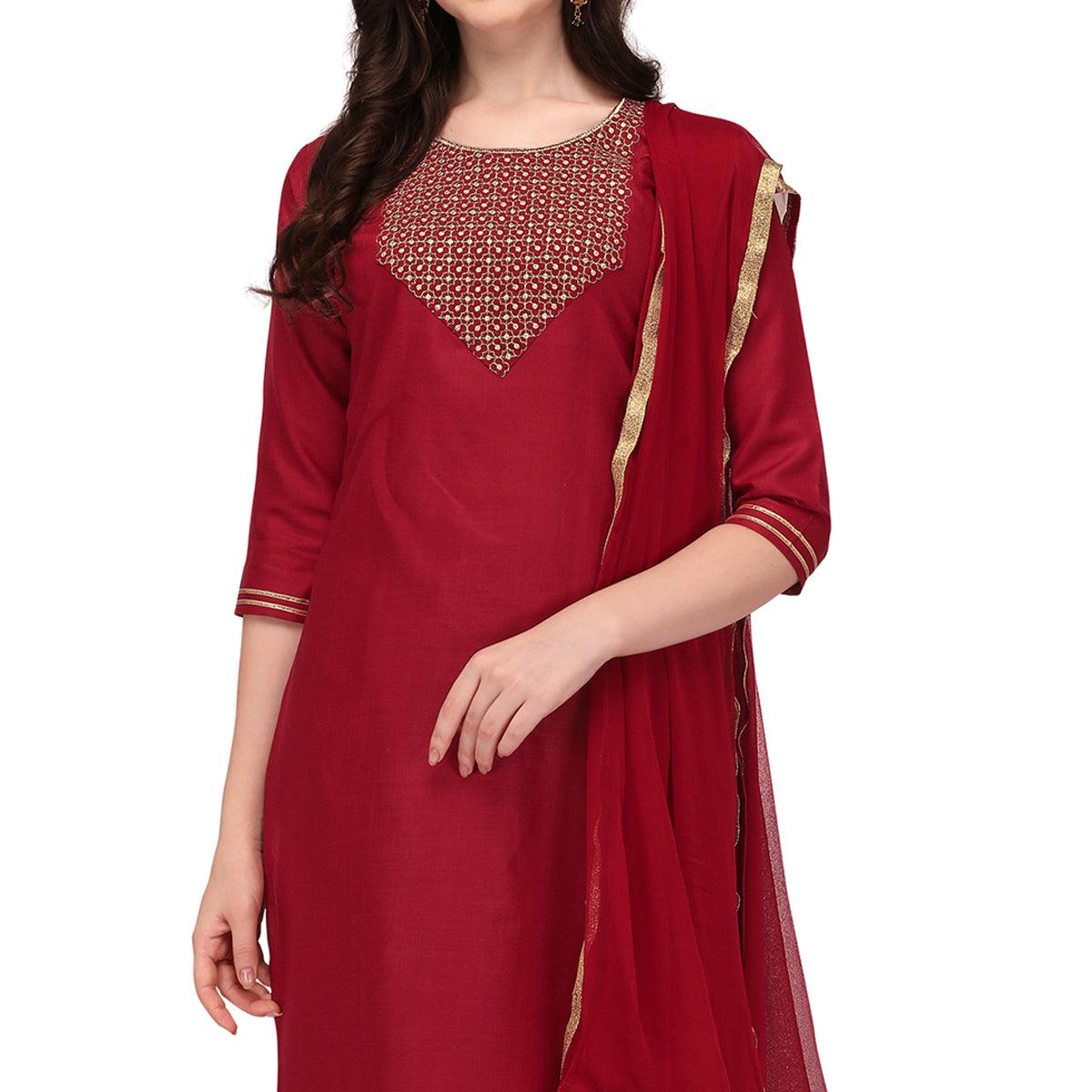 Peachmode Seller Maroon Embroidered Cotton Blend Kurti Pant Set With Dupatta - view 3