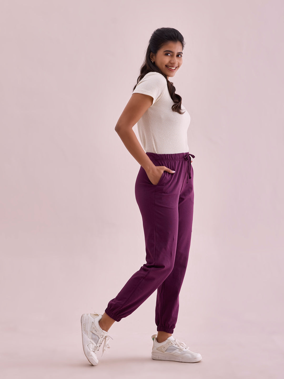Go Colors Women Solid Dark Purple Mid Rise Cotton Casual Joggers