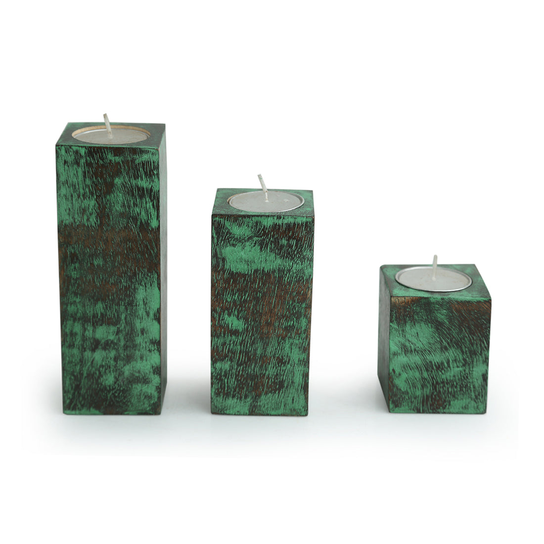 EXCLUSIVELANE 'Teal Blocks' Antique Finish Mango Wood Tea Light Holders (Set of 3) - view 4