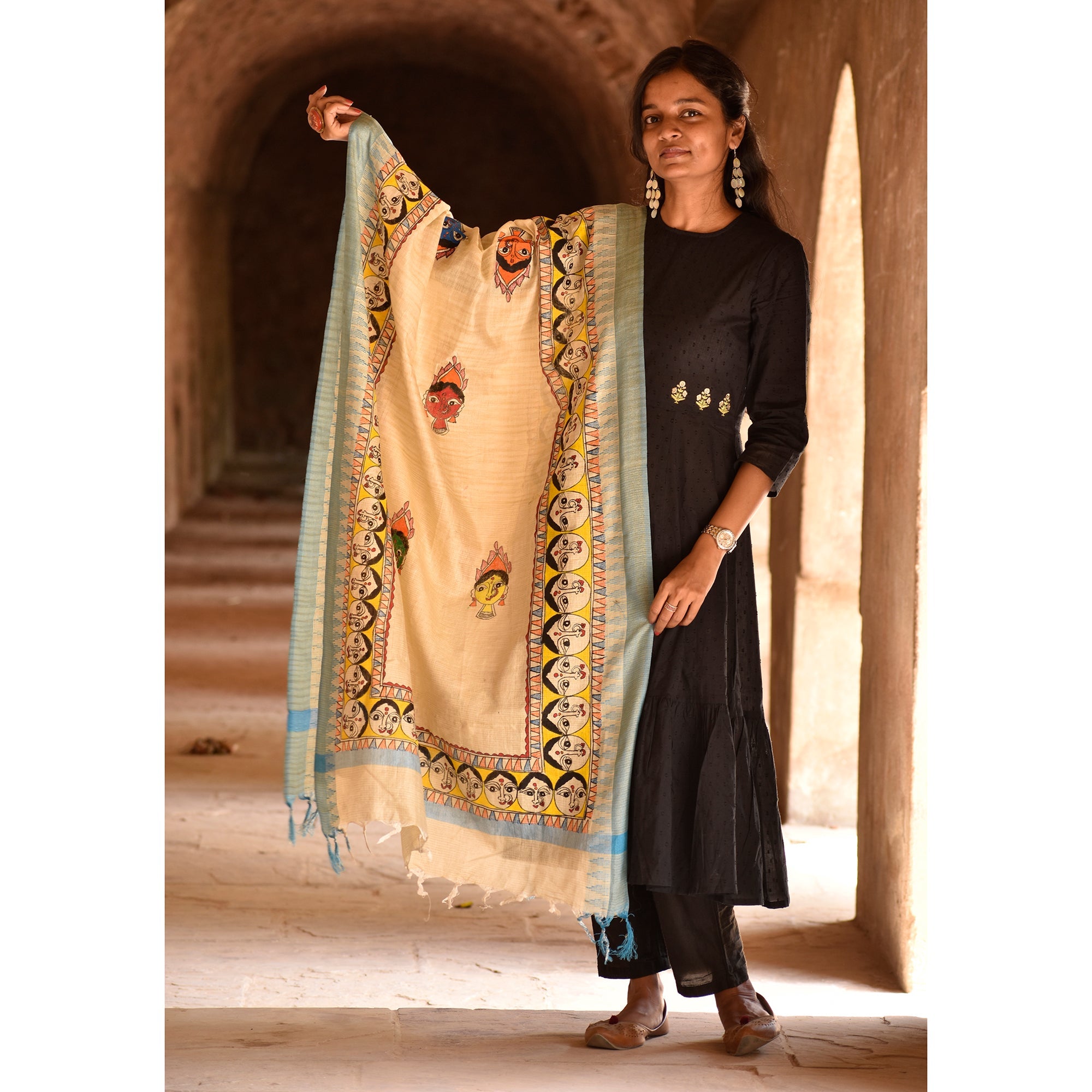 DIORAMA DESIGNS Beige - Madhubani Hand-Painted Durga Face Cotton Dupatta