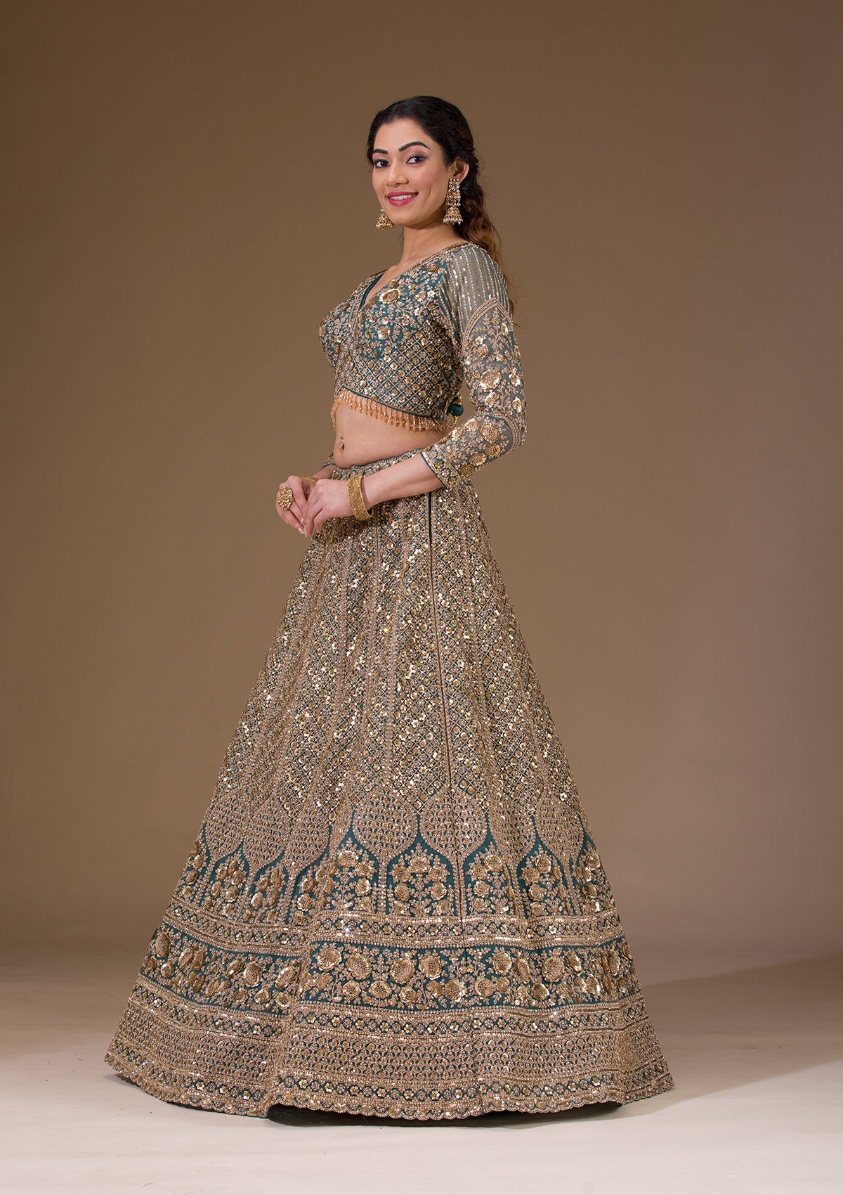 Koskii Turquoise Blue Sequins Net Readymade Lehenga - view 5
