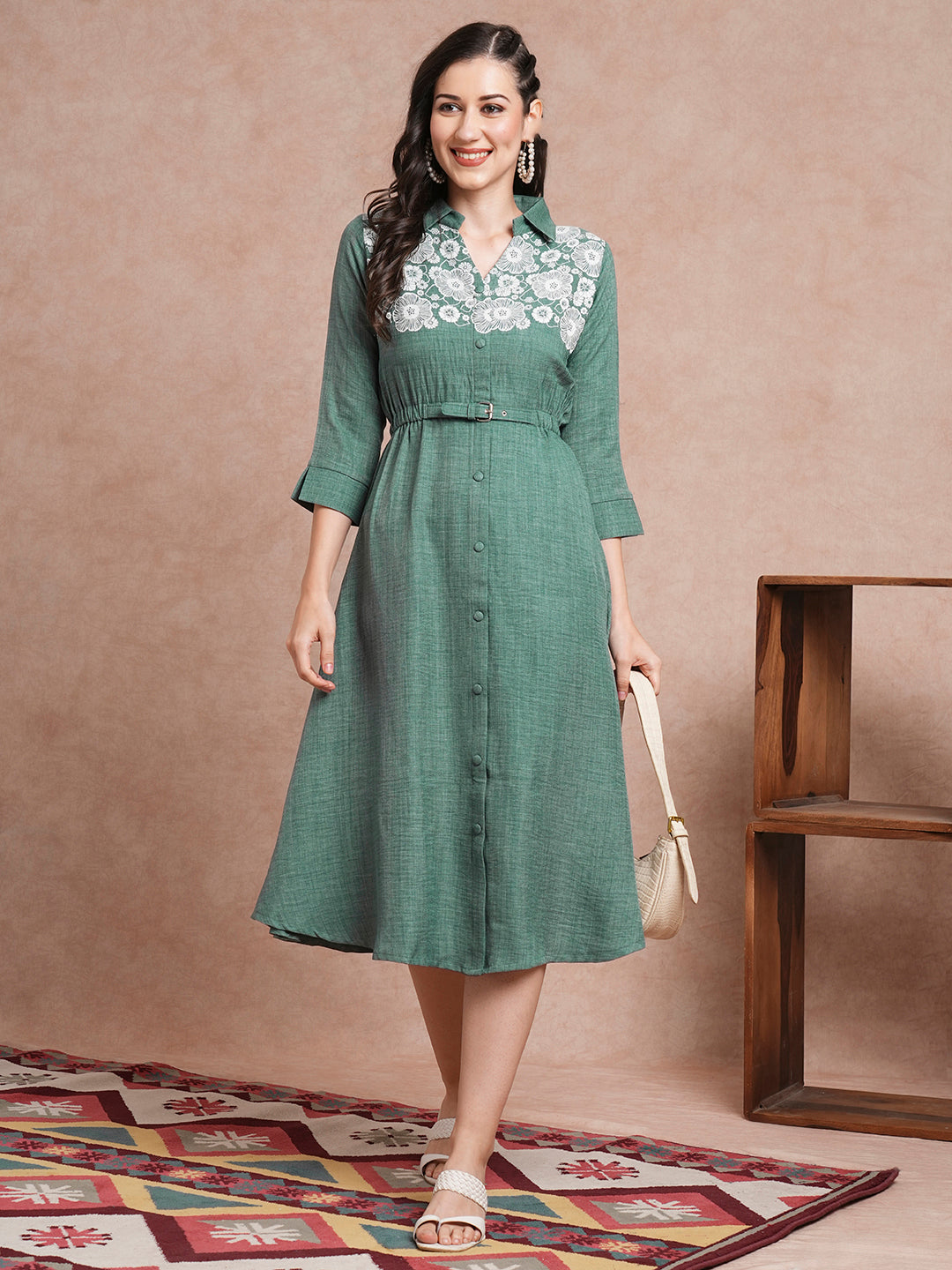 FASHOR Floral Printed A-Line Flared Midi Dress - Green