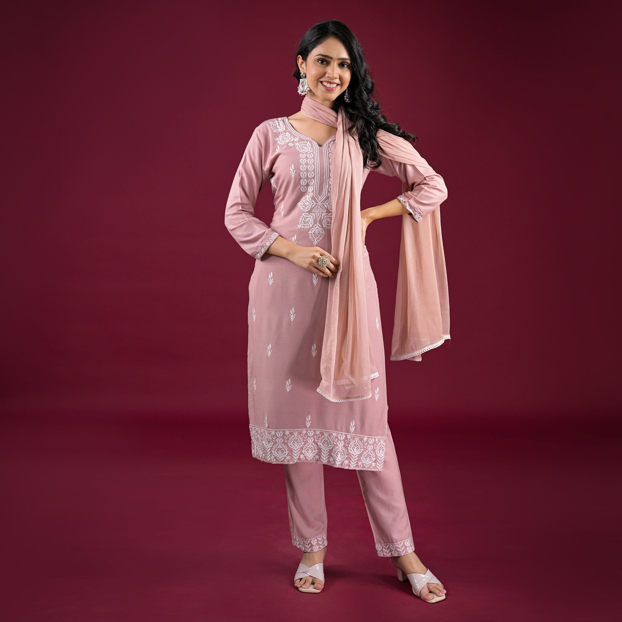 Peachmode Mauve Floral Embroidered Rayon Salwar Suit - view 2