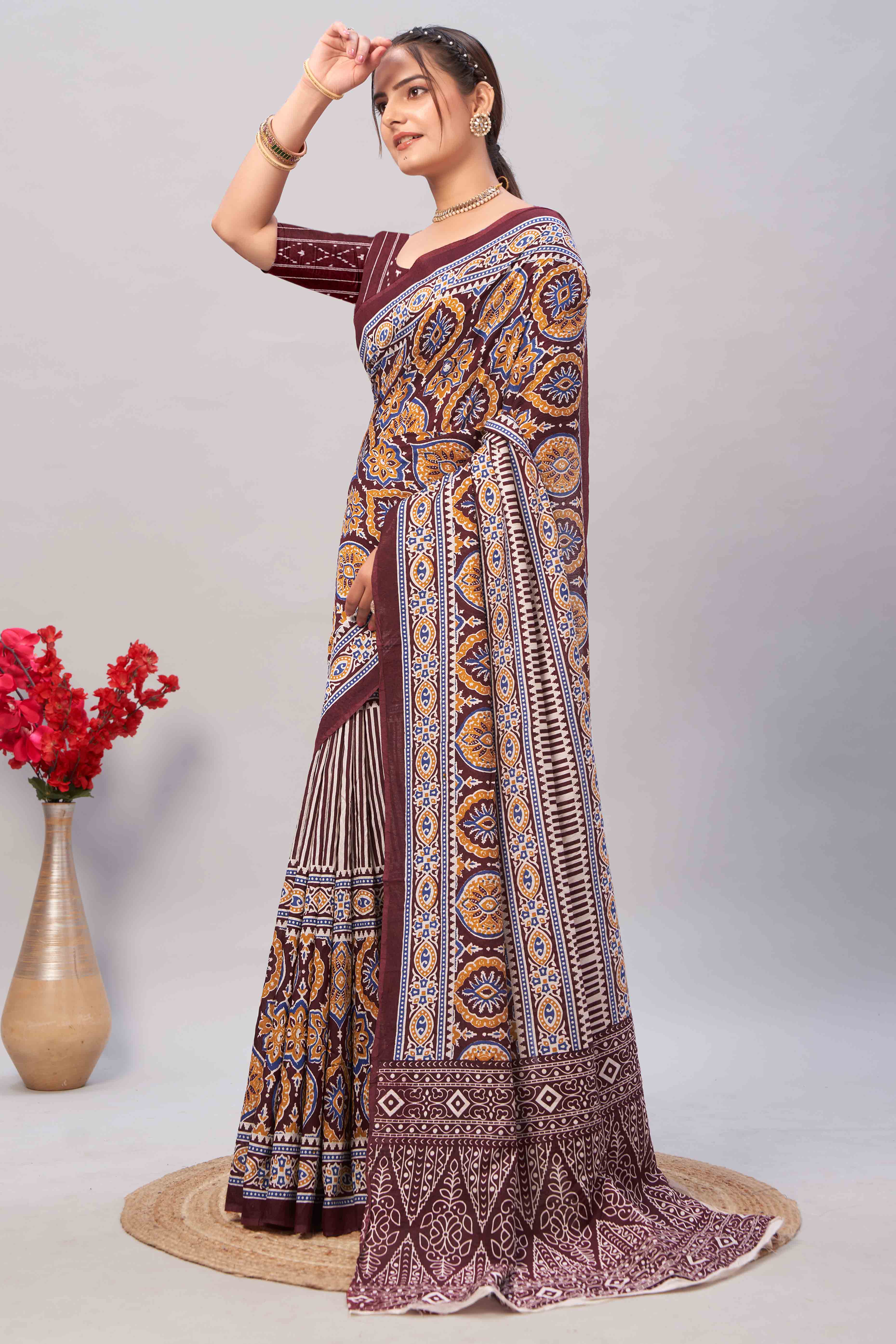 Peachmode Dark Maroon Ajrakh Printed Cotton Blend Saree - view 3