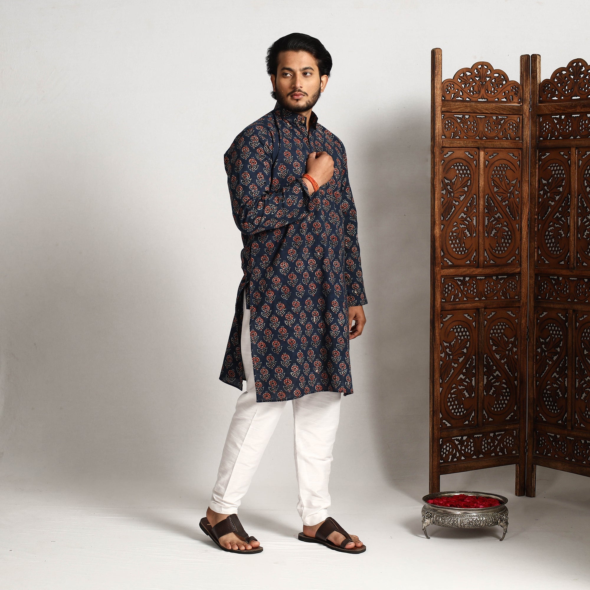 ITOKRI CASUALS Blue - Ajrakh Block Printed Cotton Men Long Kurta - view 2
