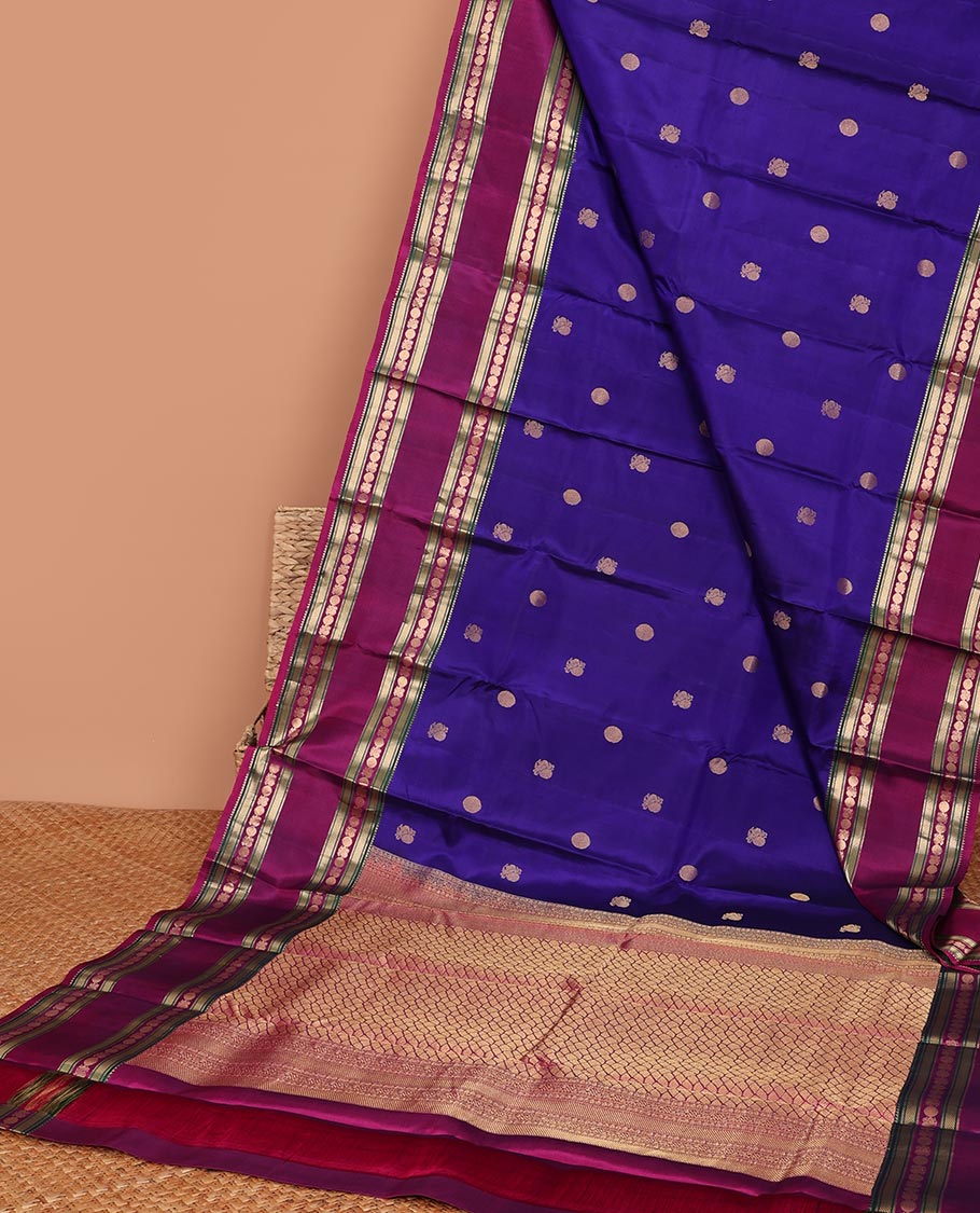 Pothys Blue zari buttas silk saree, contrast jaal pallu & rettai pettu border of rekku,Muthu,banaras & mayil poun - view 5