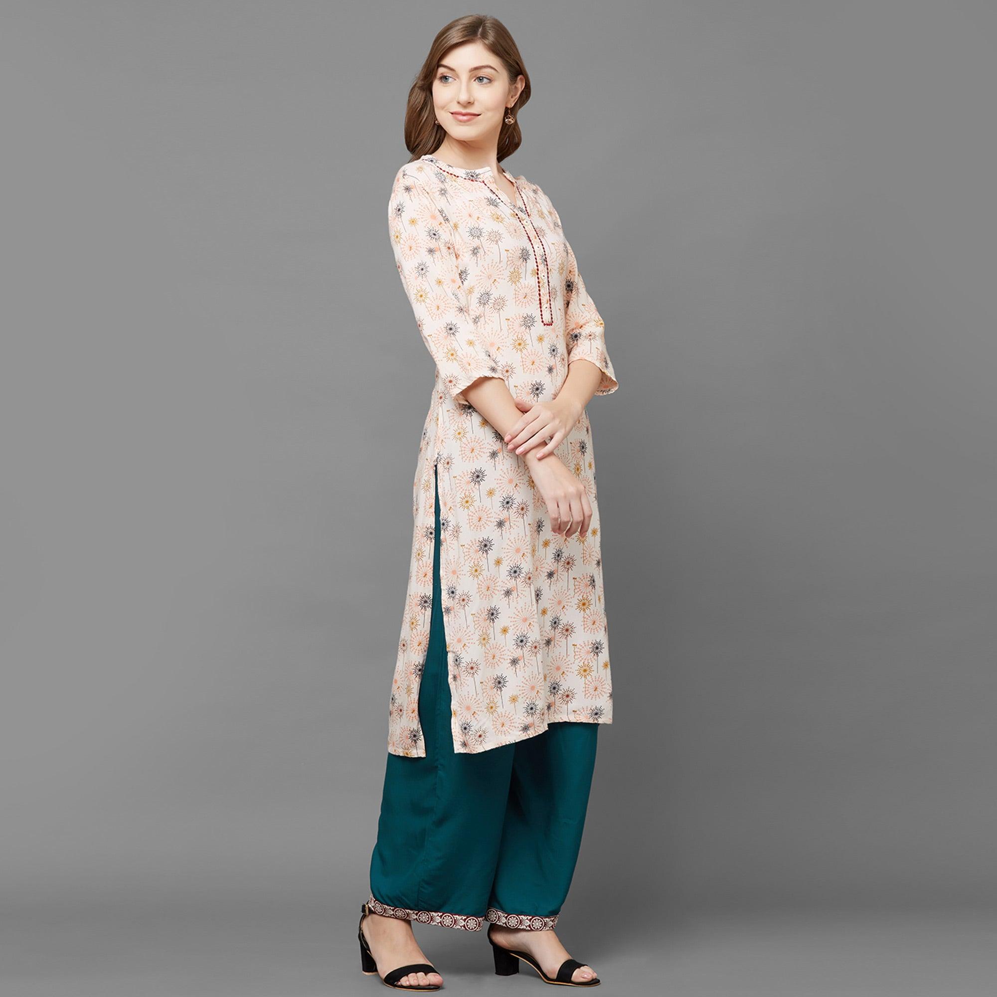 Peachmode Jazzy Peach Colored Casual Printed Cotton Kurti-Palazzo Set - view 5