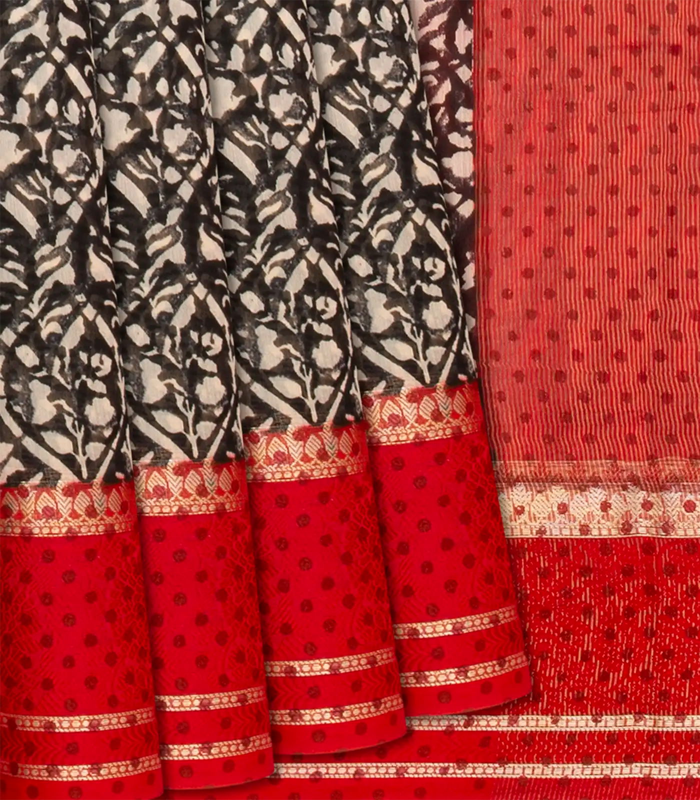 RmKV Black Chanderi Cotton Saree With Printed Jaal & Contrast Border-Black