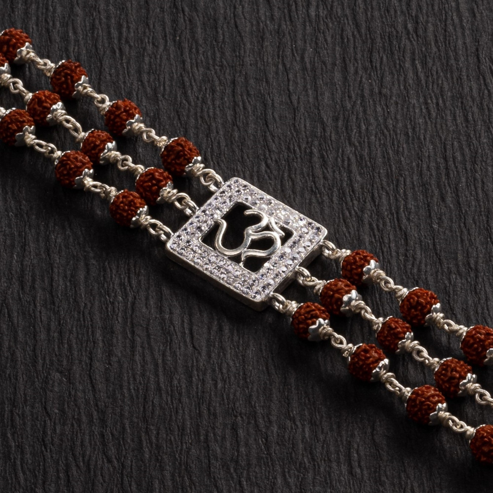 Prinjal Jewellers Rudraksha Silver Om in Square Triple Line Bracelet