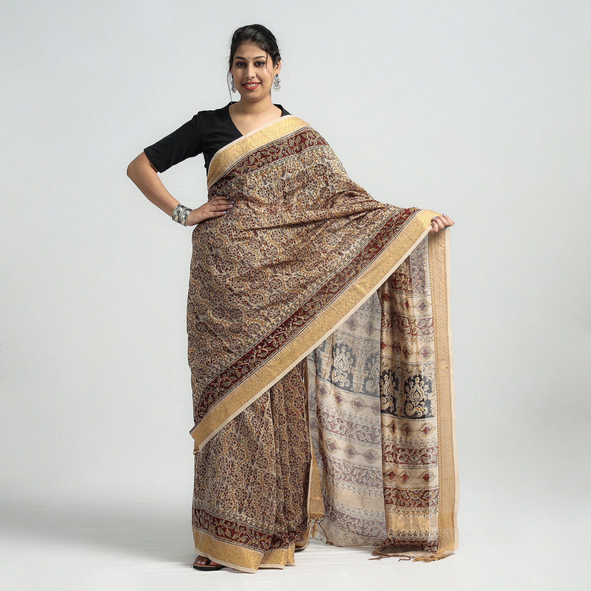 VENKATA BHANU KALAMKARI PEDANA Brown - Original Pedana Kalamkari Block Print Silk Saree - view 2