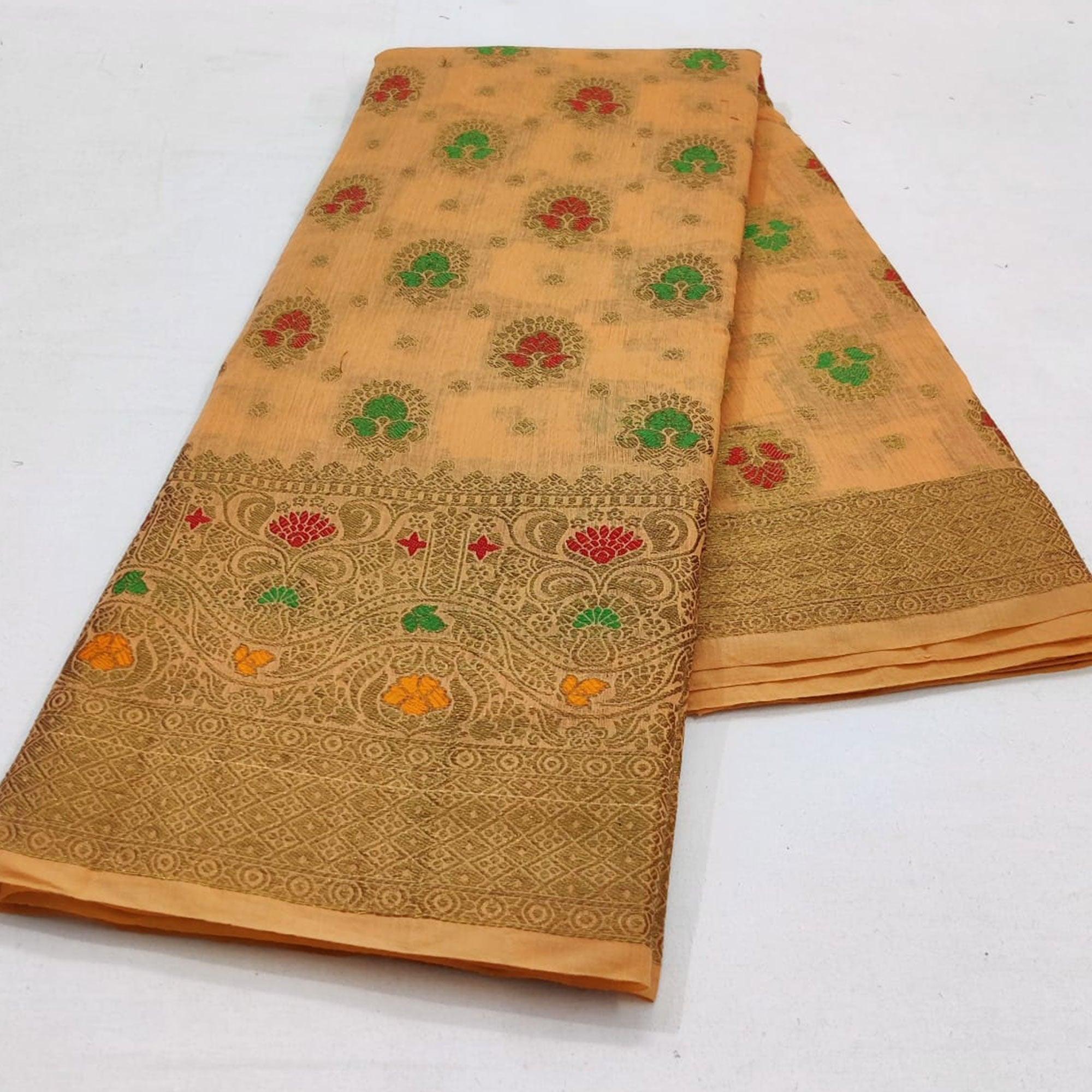 Peachmode Light Orange Festive Wear Floral Woven Cotton Saree With Meena Butta Pallu