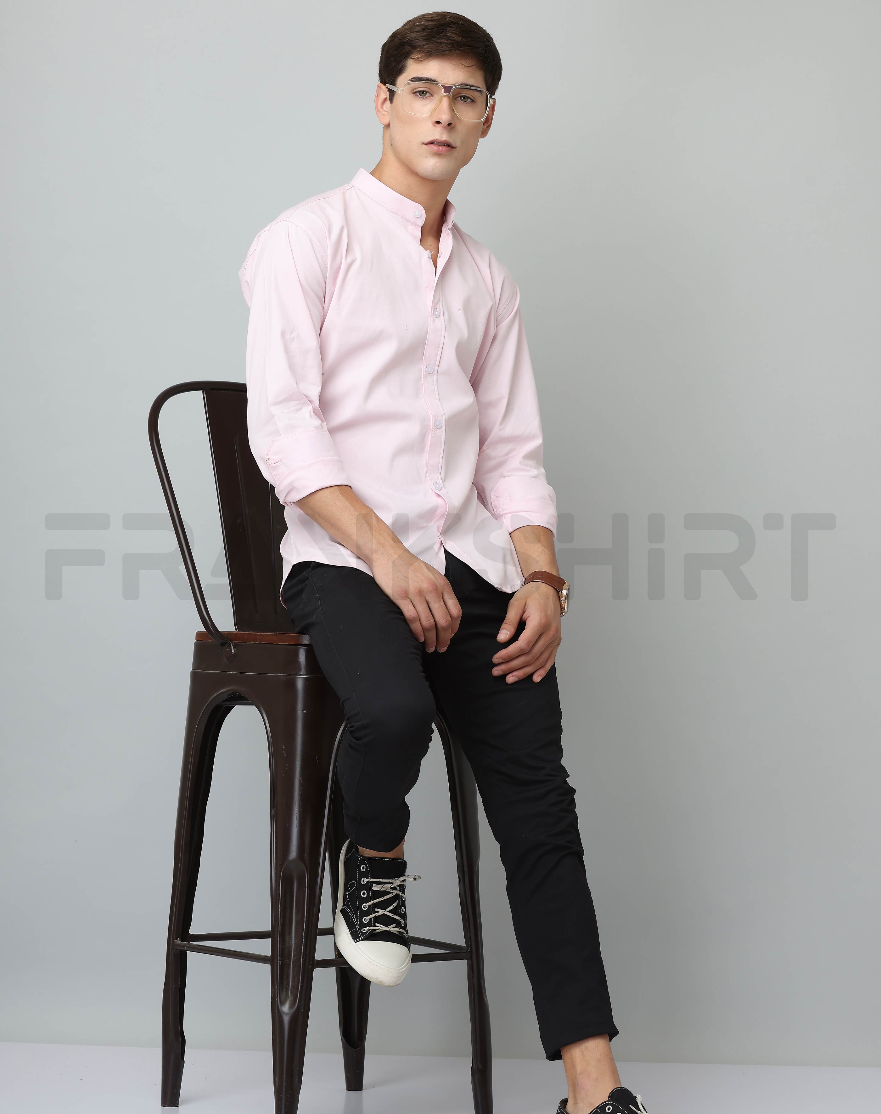 BlackTree Frankshirt Chinese Collar Light Pink Tailored Fit Cotton Casual Shirt for Man - view 5