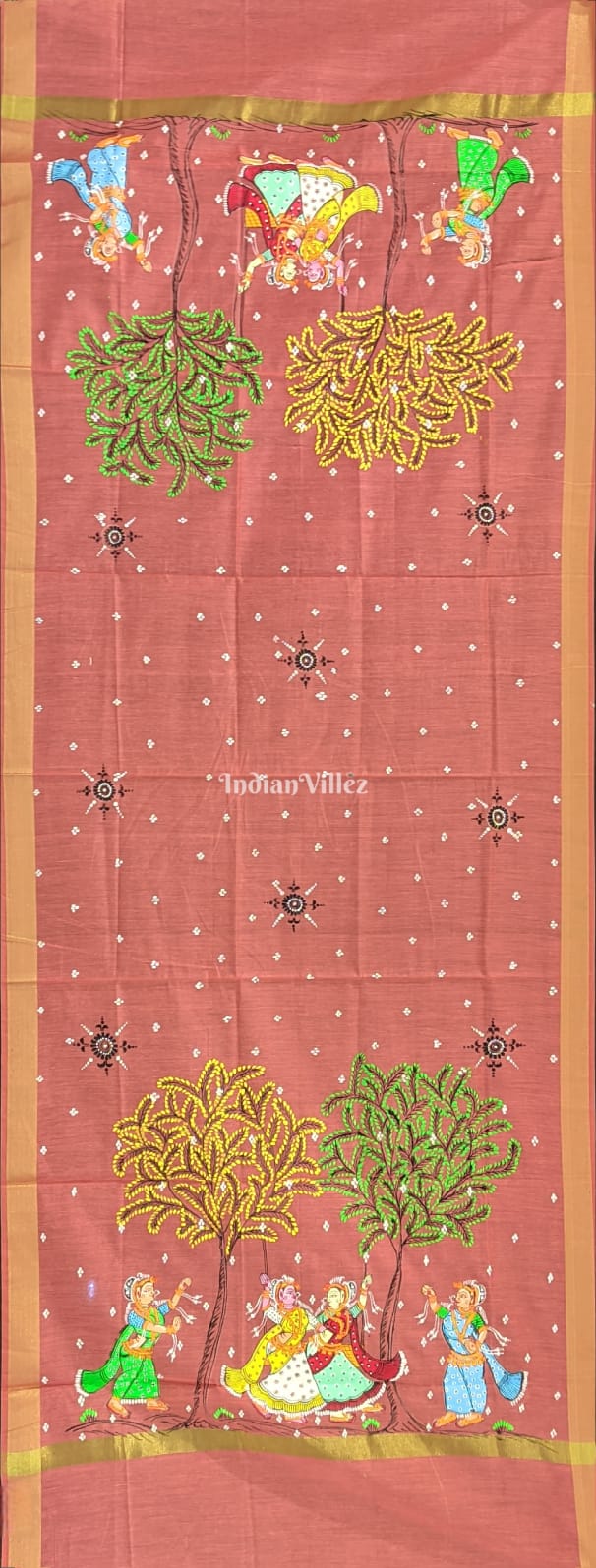 IndianVillèz Peach Color Nartaki Theme Pattachitra Art on Chanderi Dupatta