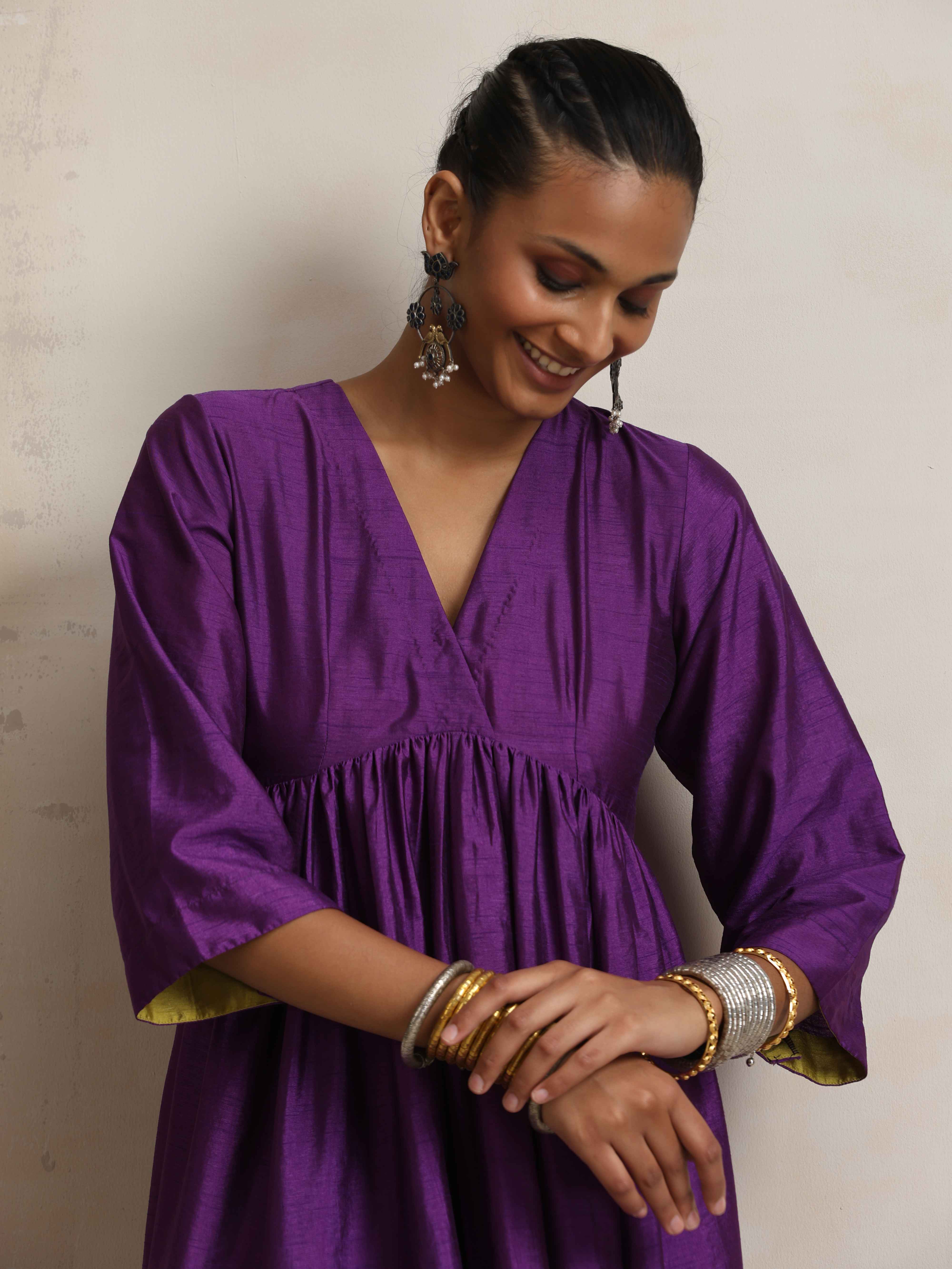trueBrowns Purple Silk Anarkali Flared Kurta Set - view 6