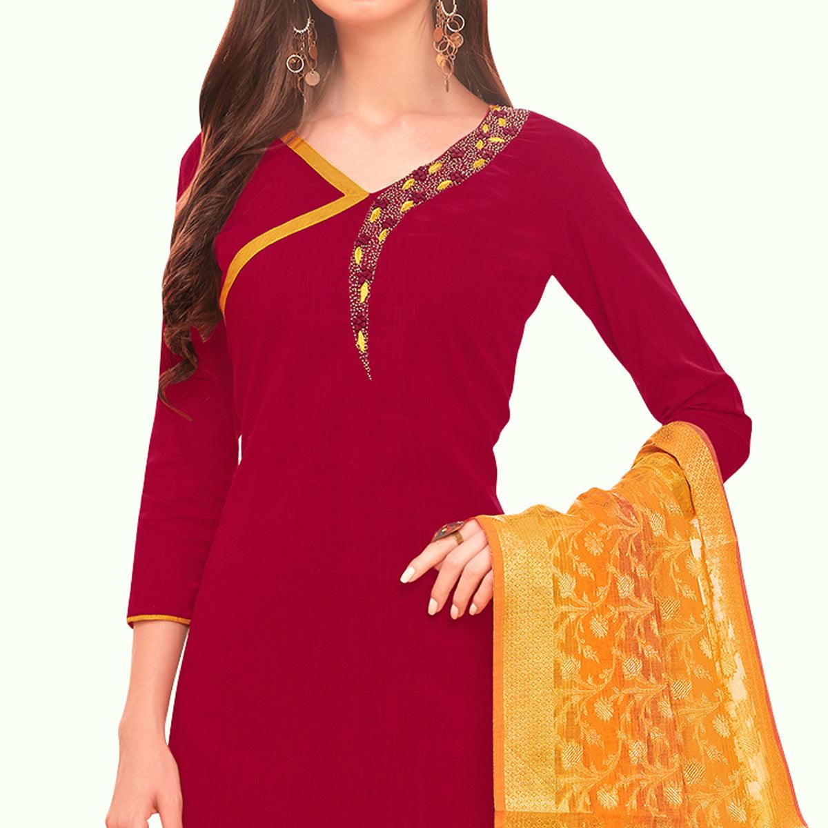 Peachmode Ideal Magenta Pink Colored Casual Wear Embroidered Cotton Dress Material With Banarasi Silk Dupatta - view 2