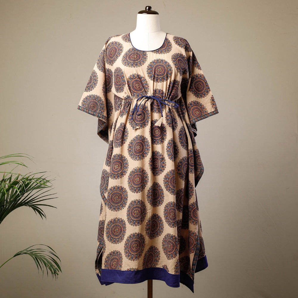 KACHCHH JI CHHAAP Beige - Ajrakh Hand Block Printed Cotton Kaftan with Tie-Up Waist (Long)