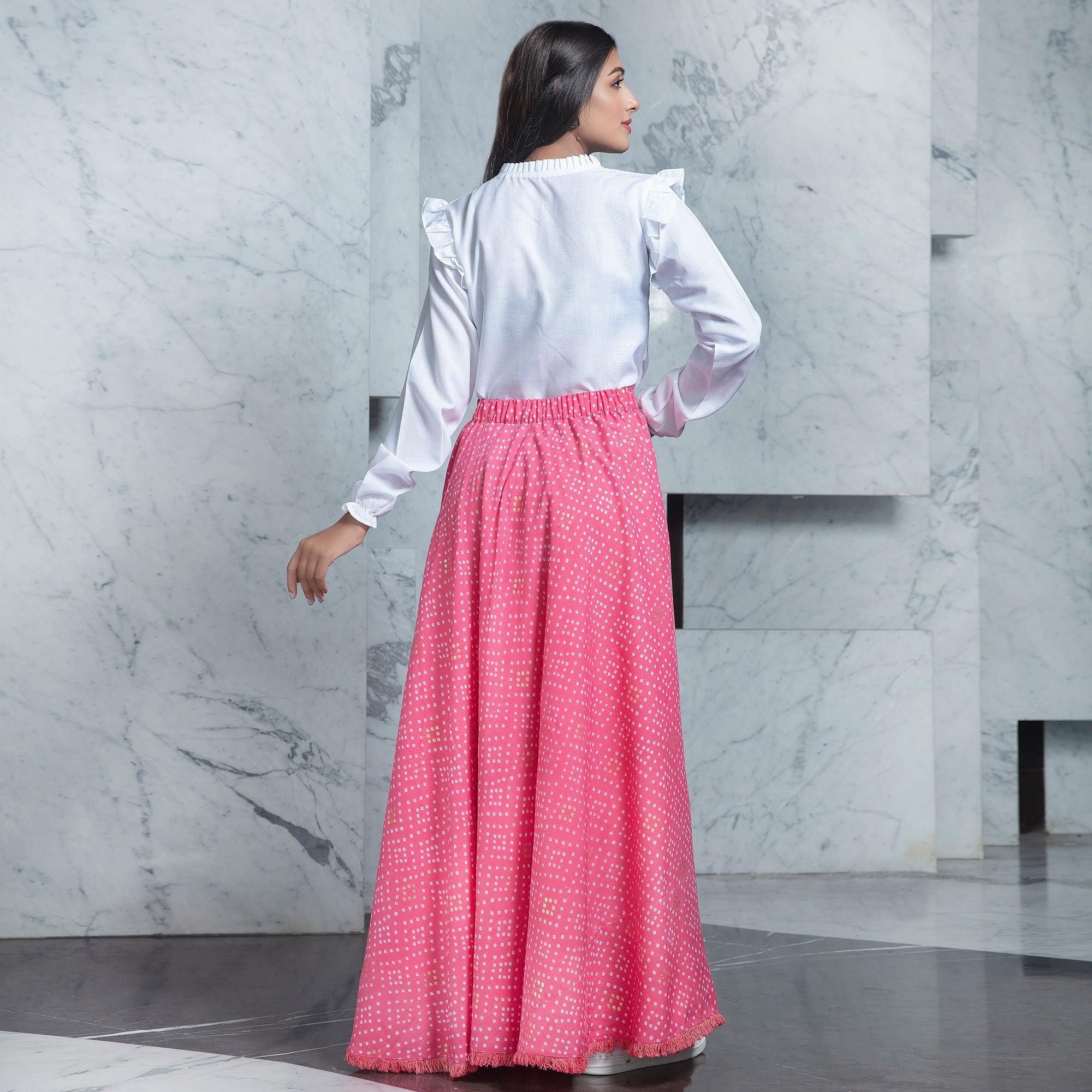 Peachmode Seller Breathtaking White - Pink Colored Partywear Printed Cotton Top-Skirt Set - view 2