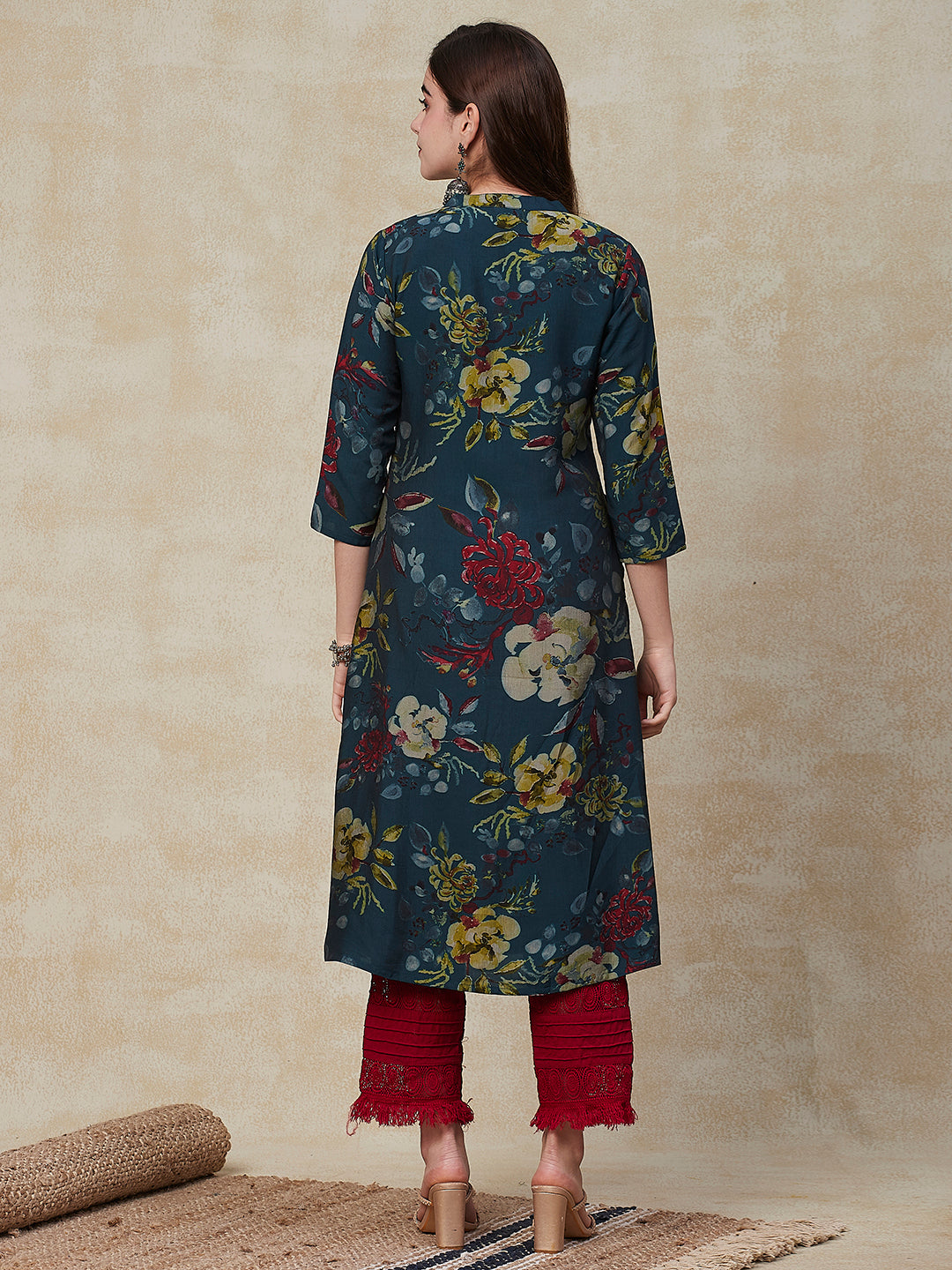 Fashor Floral Printed Wooden Buttoned A-line Kurta - Green - view 6