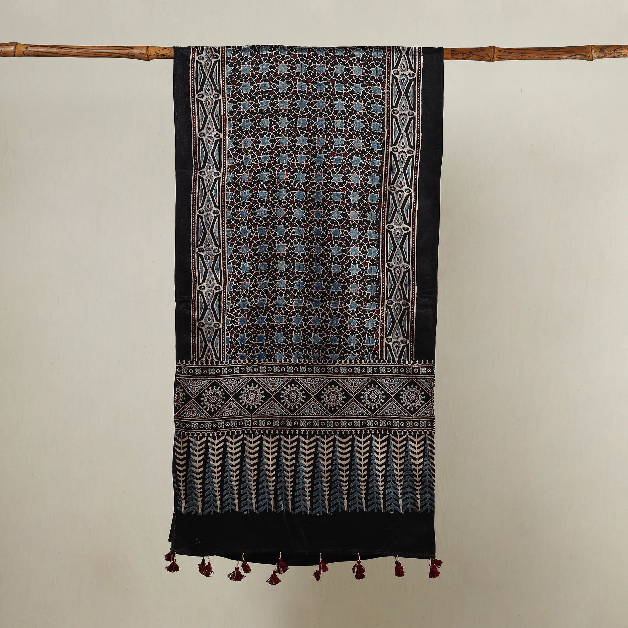 RIYAZ ABDULMAJID KHATRI - AJRAKH Black - Ajrakh Hand Block Printed Mashru Silk Stole with Tassels - view 2