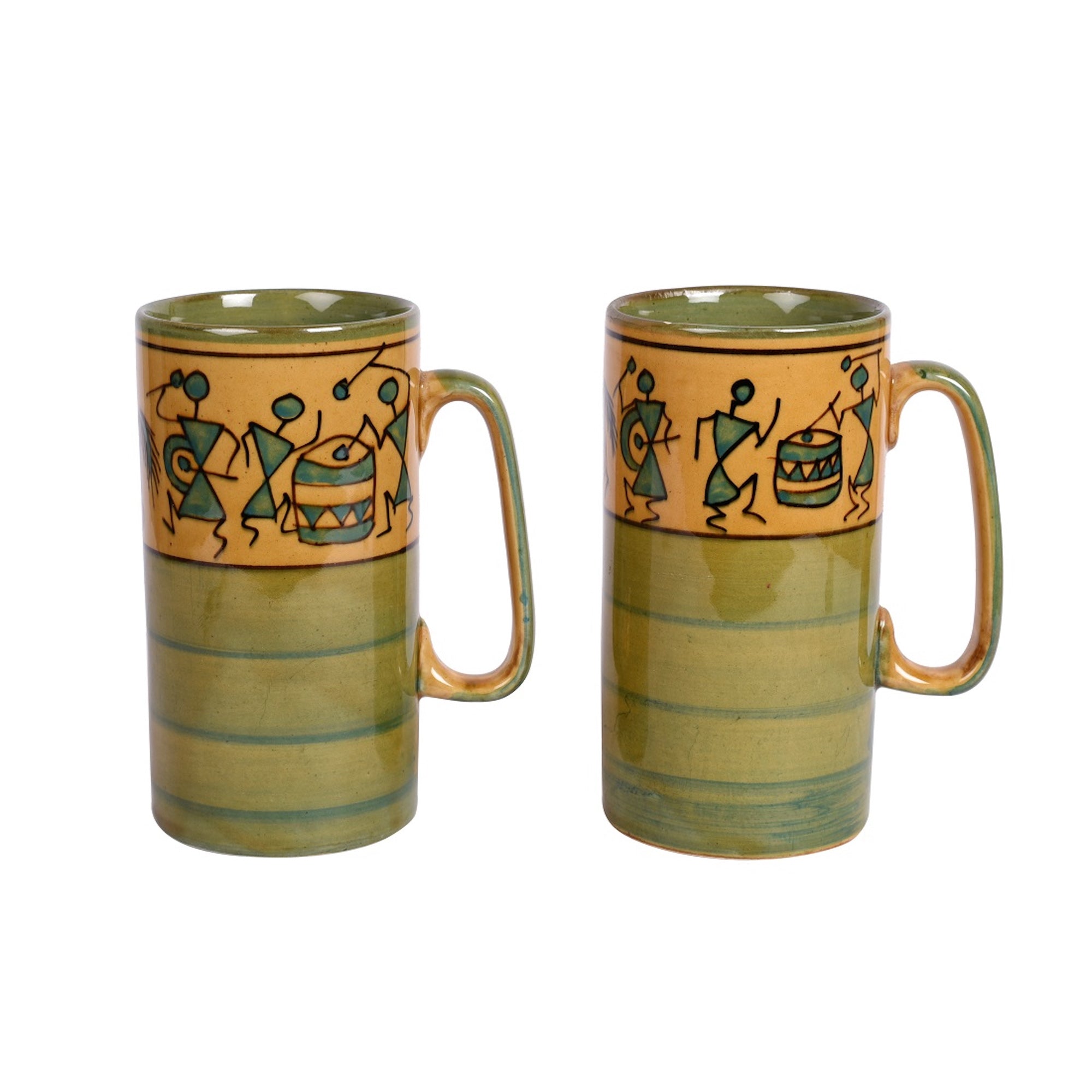ART CREATIONS BY SUMAN SONTHALIA Green - Mug Ceramic Yellow Warli (Set of 2) (5x3.75x3.1) - view 2