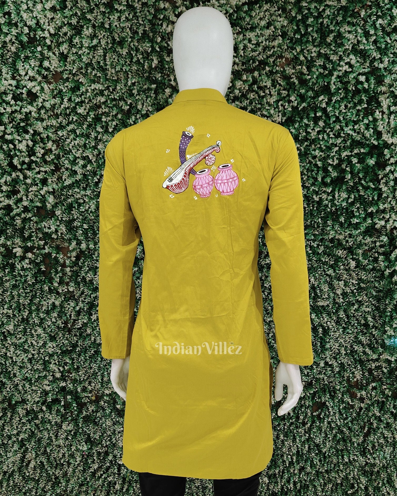 IndianVillèz Mehendi Green Radha Krishna Hand-Painted Pattachitra Kurta - view 2