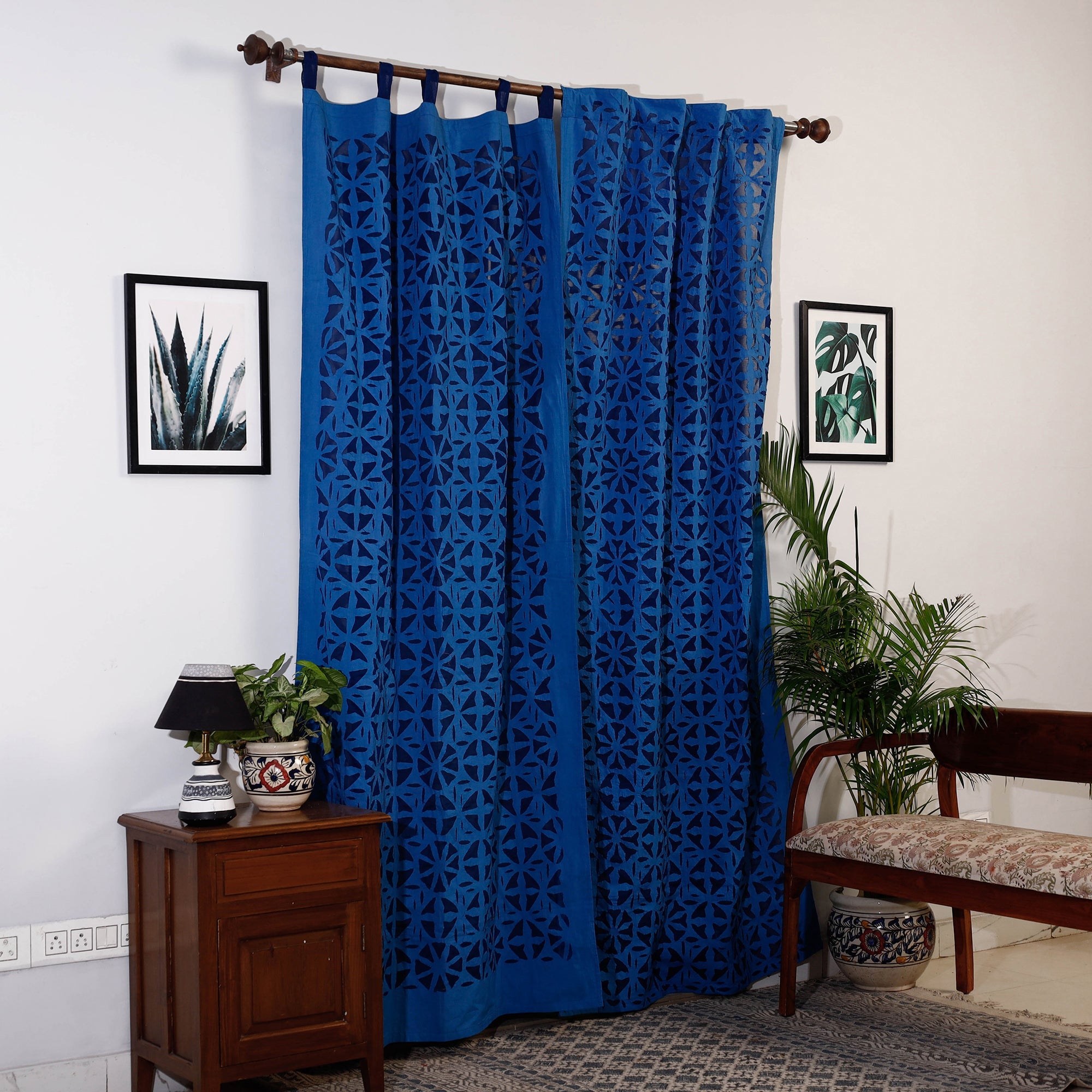 SHADES OF MARUDHARA Blue - Flower Cutwork Cotton Barmer Applique Door Curtain