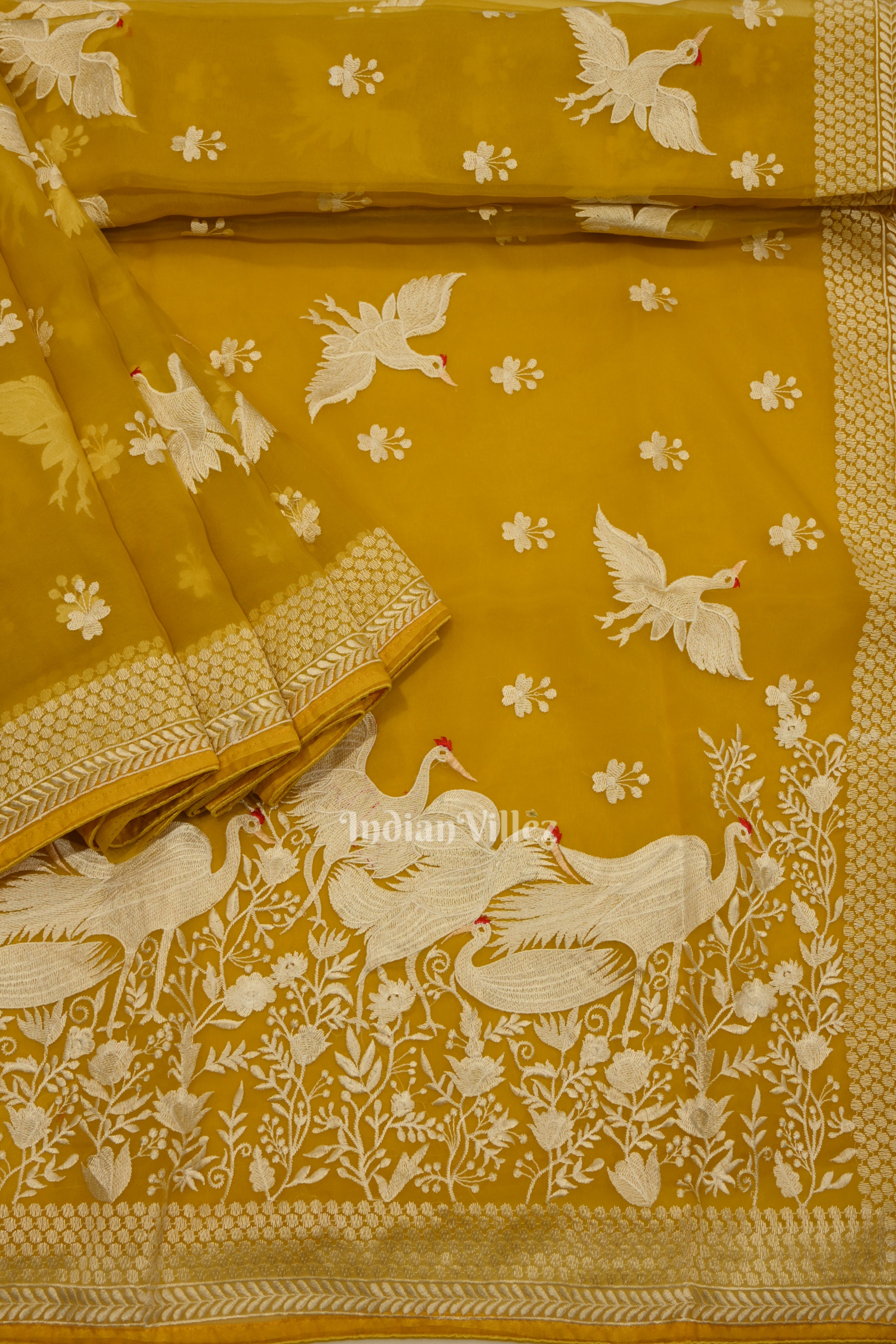 IndianVillèz Yellow Parsi Gara Floral Motif Hand Embroidered Saree