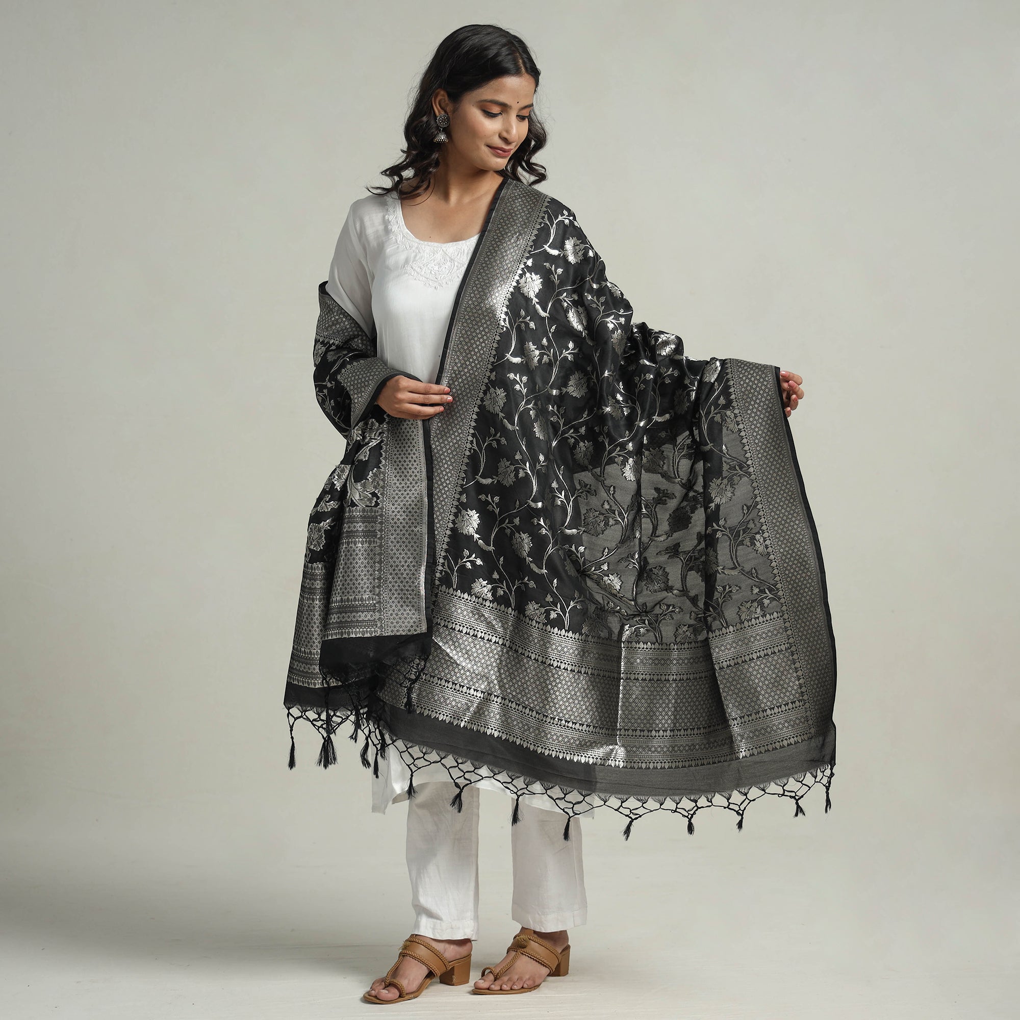 BANARASI BY MAQBUL HASAN Black - Banarasi Semi Silk Zari Jaal Dupatta with Tassels 19