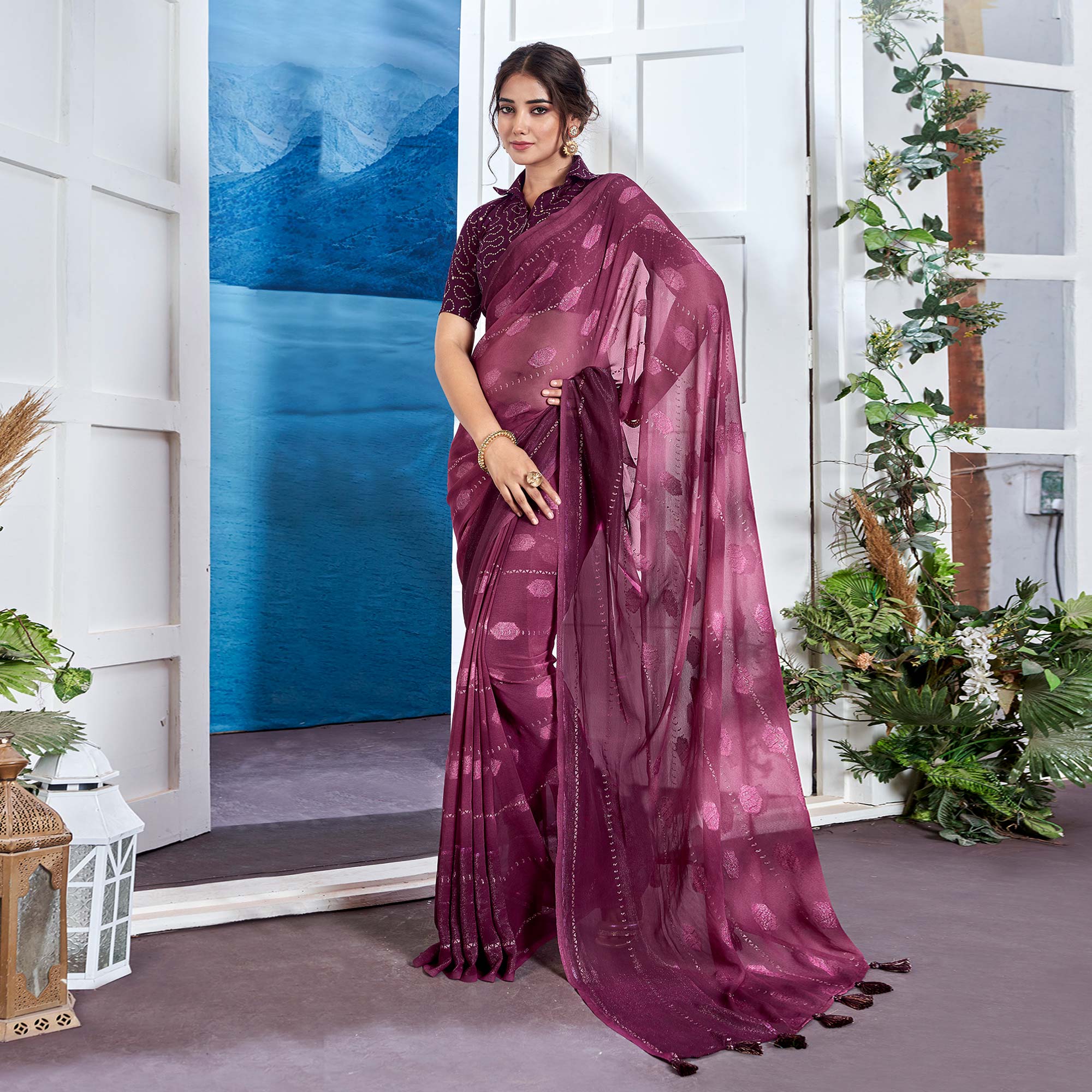 Peachmode Dark Magenta Woven Fancy Fabric Saree With Tassels