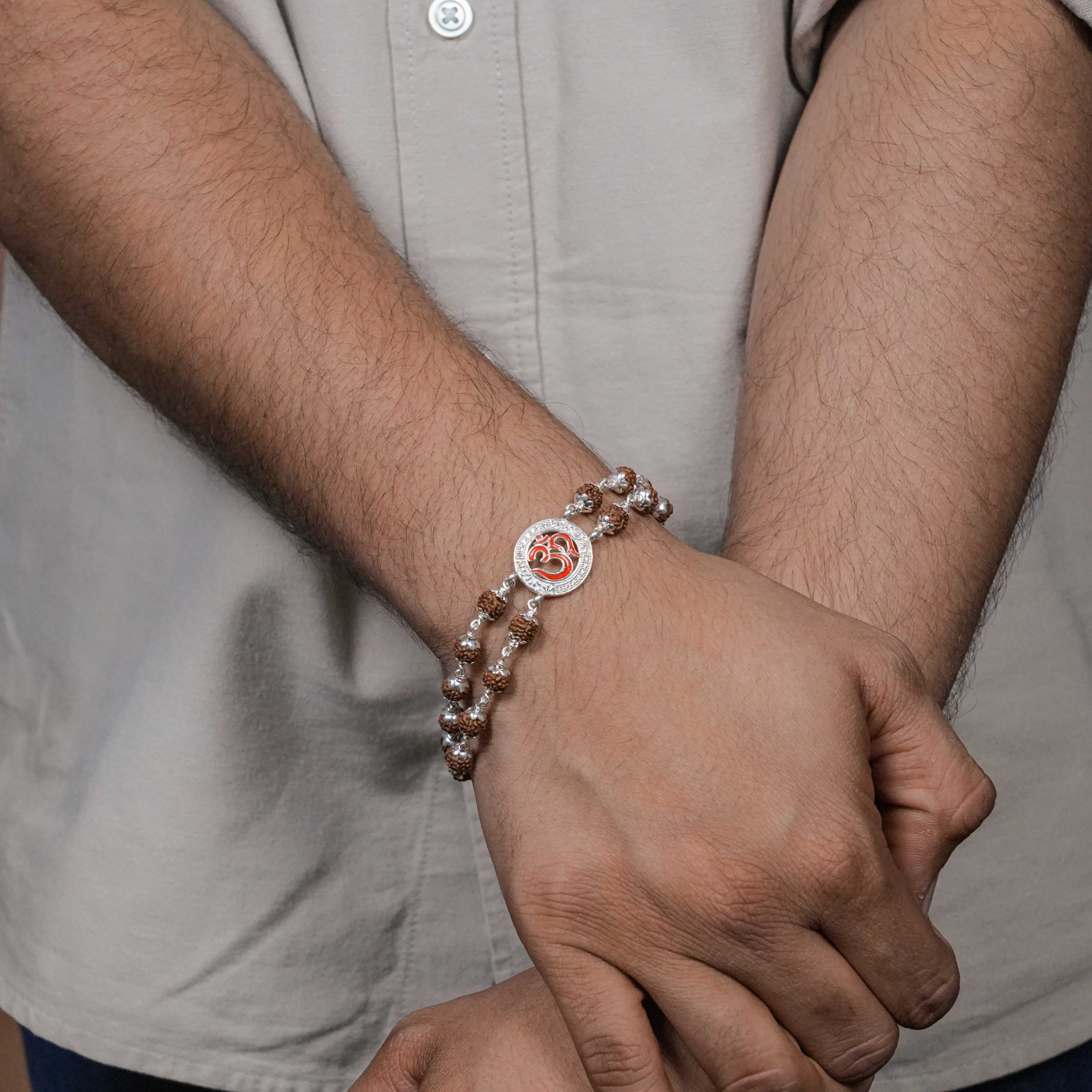 Prinjal Jewellers Rudraksha Silver Om in Round Shape double line Bracelet - view 3